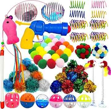 Colorful Cat Toys Bulk for Indoor Cats, 84 Pcs Interactive Kitten Toys | For Multiple Cats, Plush Balls Launcher, Teaser Wand, Includes Crinkle Balls, Includes Springs, Cat Toy Bundle