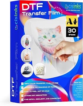 Cisinks Premium DTF Transfer Film 8.25"x11.75" - A4 Hot/Cold Peel 30 Sheets Matte Clear PreTreat PET Heat Transfer Paper for DIY Direct Print on All Fabric and Colors T-Shirts Textile