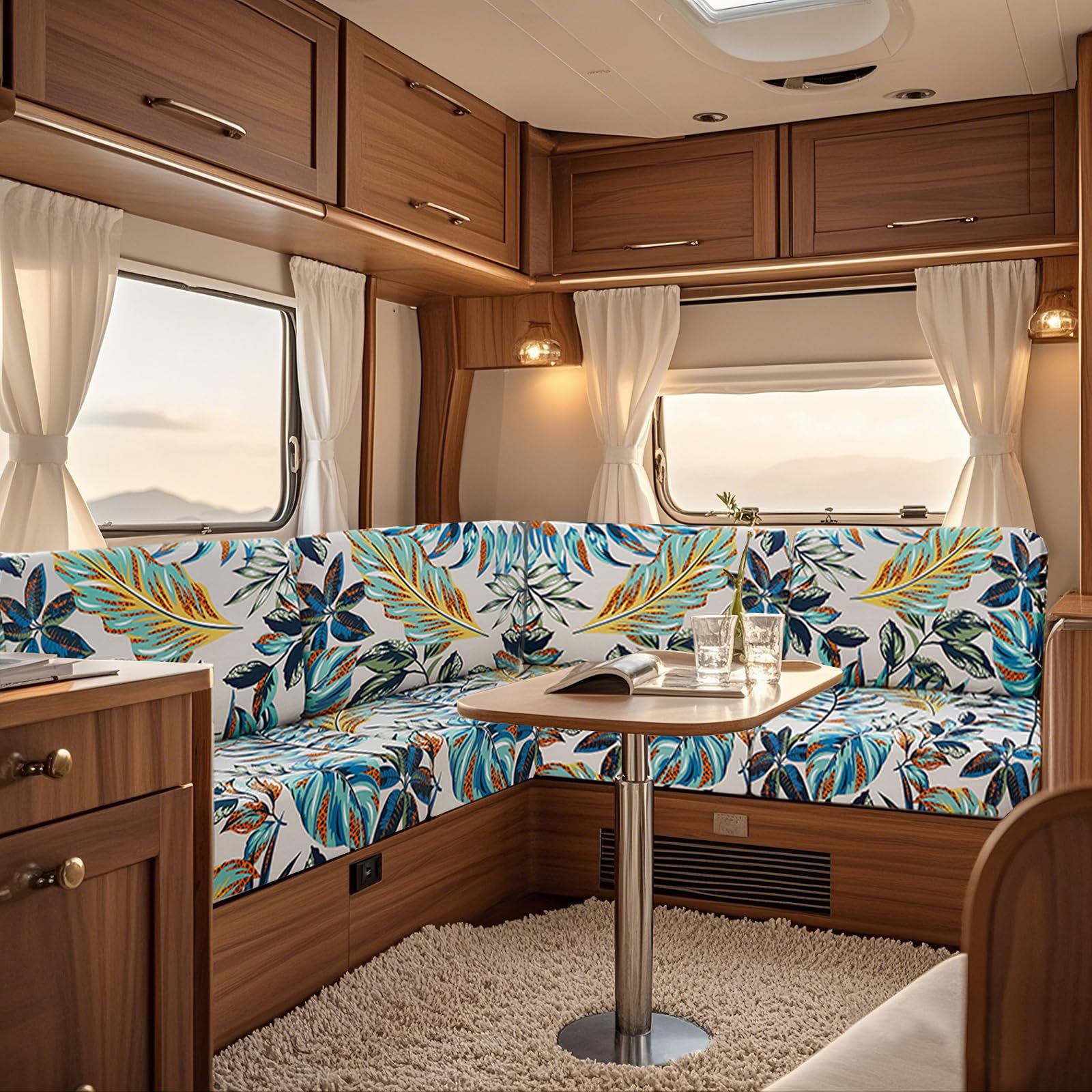 UNBBRRL Fit Stretch Caravan Seat Cover, Non Slip Elastic Fabric Printed Pattern RV Dinette Cushion Cover, Protector for Motorhome Sofa Bench with 4 Straps (blue foliage,3 seater)