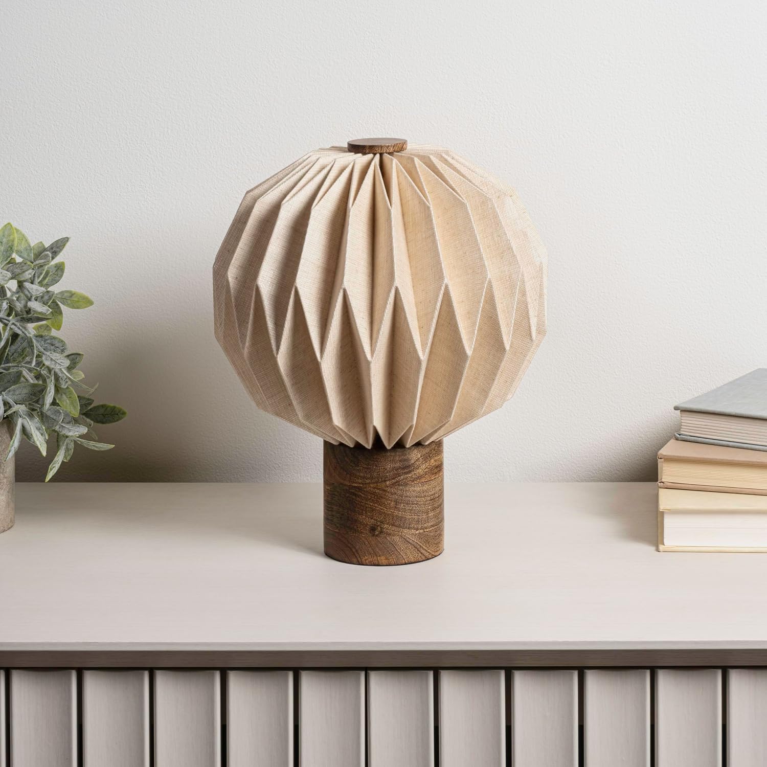 JONATHAN Y 11" Natural Modern Minimalist Accent Table Lamp for Bedroom Office, Paper Pleated Orb Shade, Mango Wood Base, LED Bulb Included (JYL9103B)