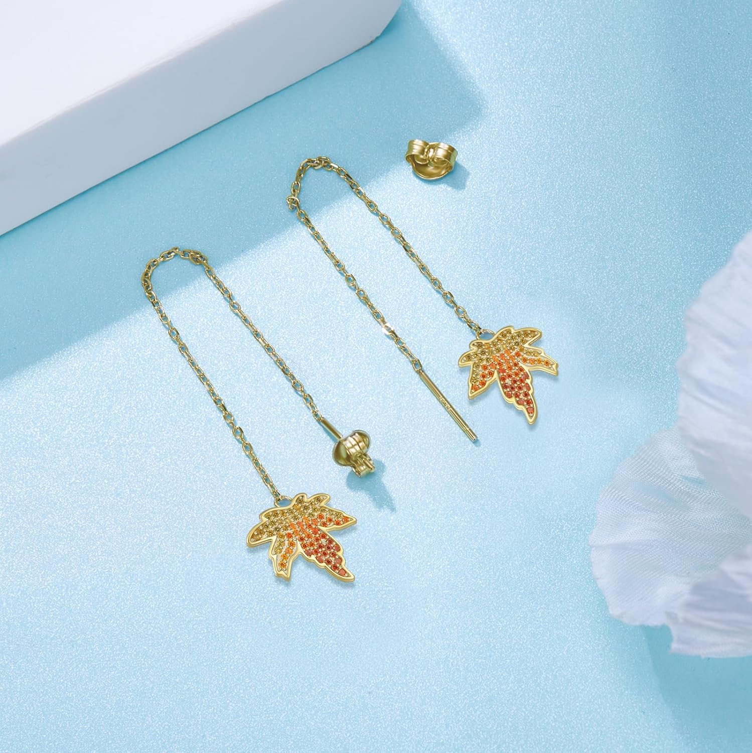 Maple Leaf Earrings 925 Sterling Silver Threader Earrings Plated with 14k Gold for Women Orange Nature Earrings - Image 4
