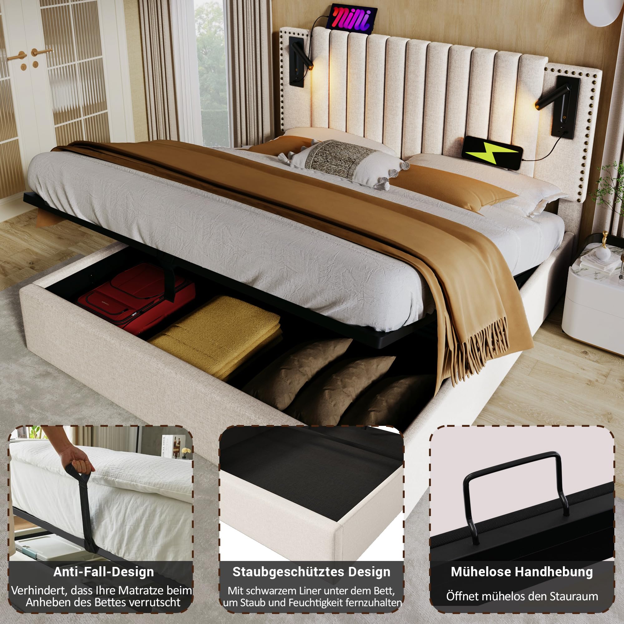 Letto Piano Con Rete A Doghe E Testiera, Letto A LED Con Porta Di Ricarica Usb Letto Principale A 4 Cassetti Per Adulti E Adolescenti Funzione Di Stoccaggio 83126747
