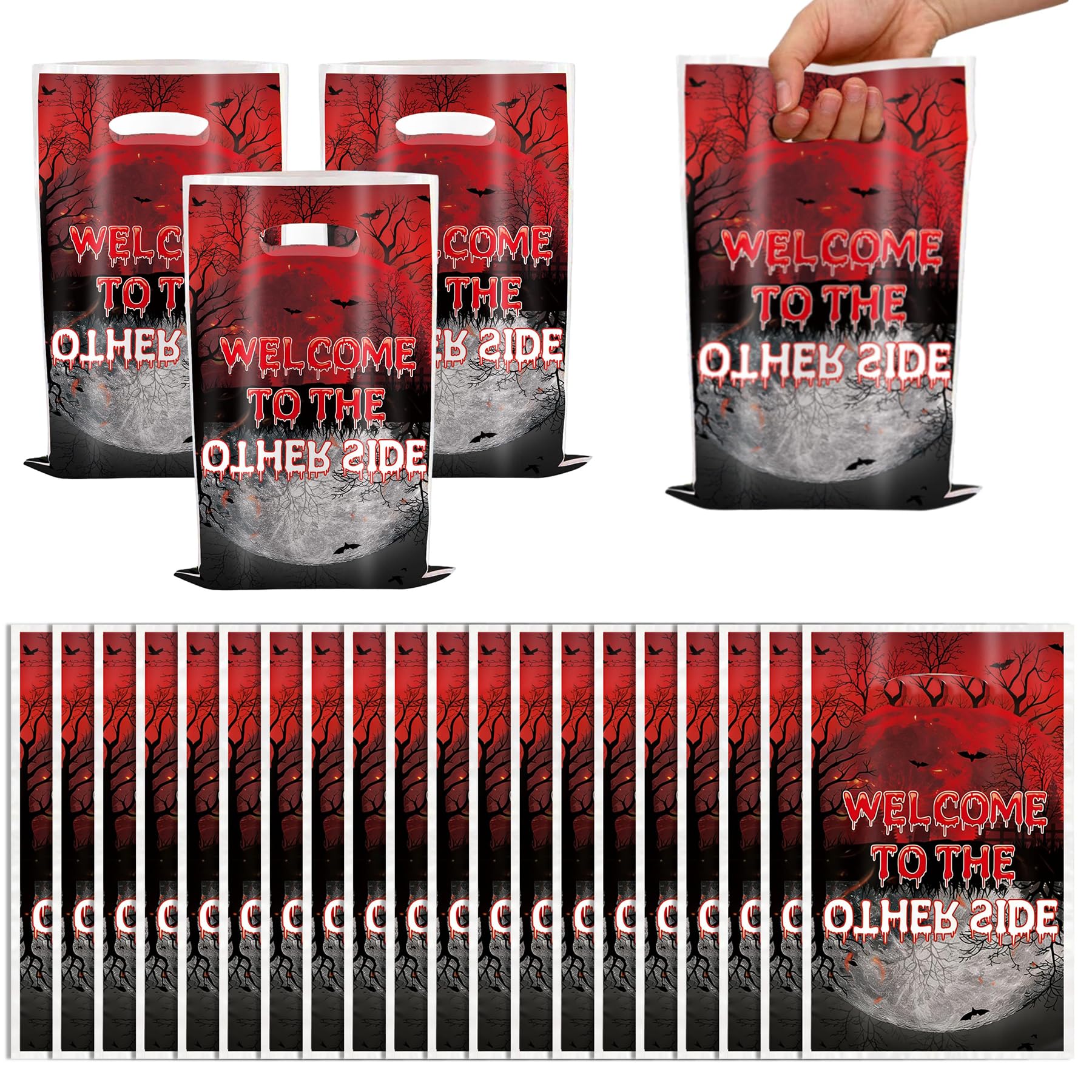 50 Pcs Stranger Party Gift Bags, Spooky Forest Horror Birthday Supplies Sweet Goodie Candy Bags, Red and Black Halloween Movie Party Decorations