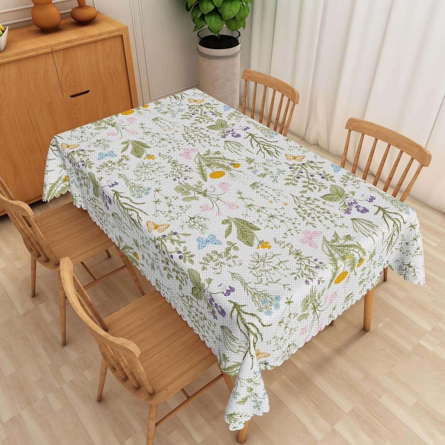 Vintage Wildflower Linen Tablecloth Retro Herb Plant Green Leaves Butterflies Pastoral Tablecloths Rectangle Durable Fabric for Kitchen Patio Dining Room Table Holiday Party, 60x84 Inch
