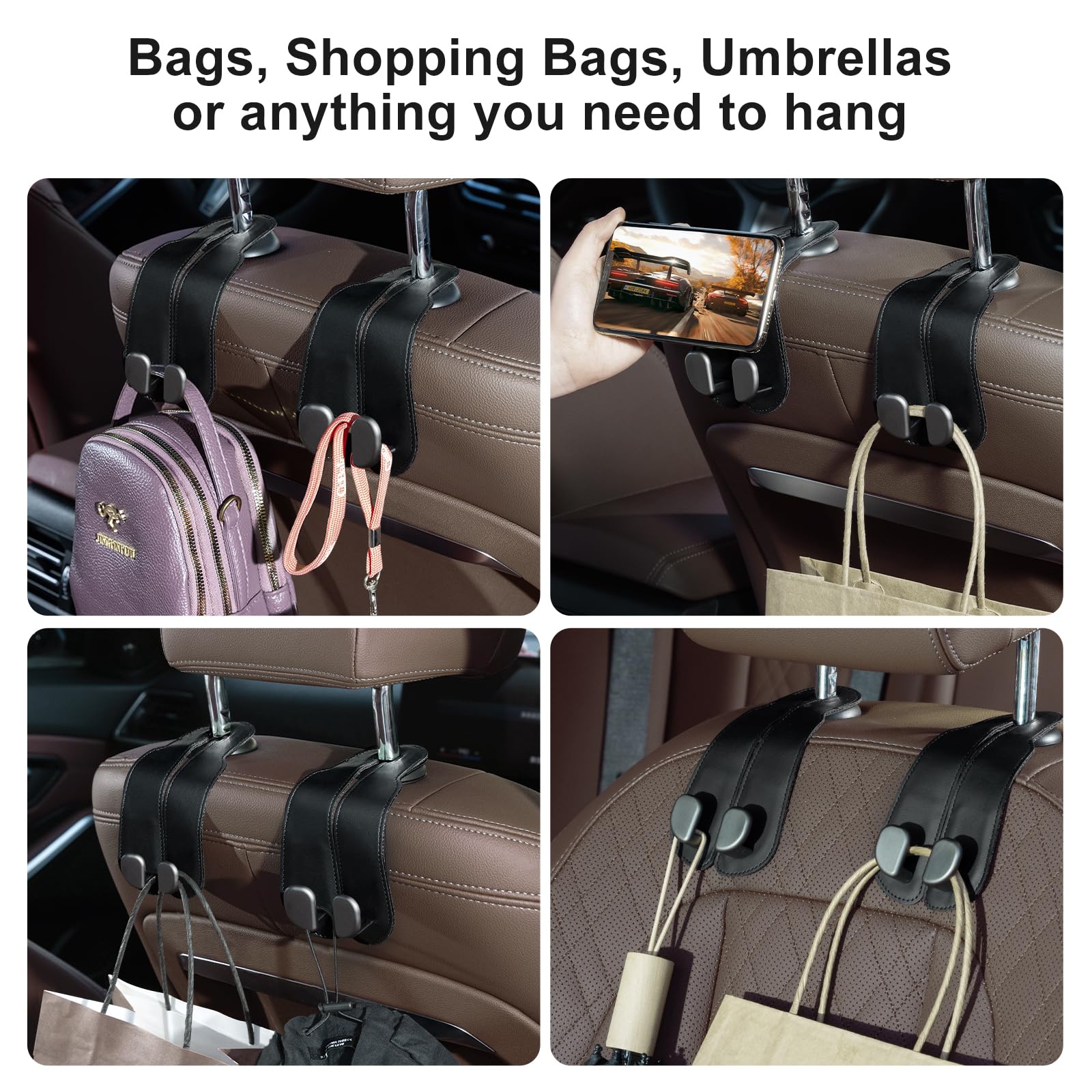CoBak Purse Hook for Car - Universal Premium Stitched Leather and Aluminum-Magnesium Alloy Double Car Seat Back Storage — view 3