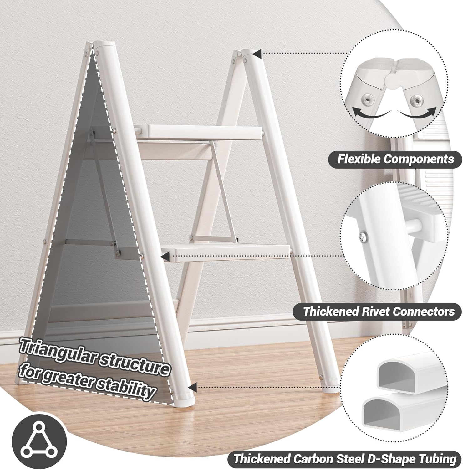 Step Ladder, Folding 2 Step Stool with Wider Anti-slip Pedal, Portable Lightweight Ladder for Home Kitchen Office 150KG Max Loader