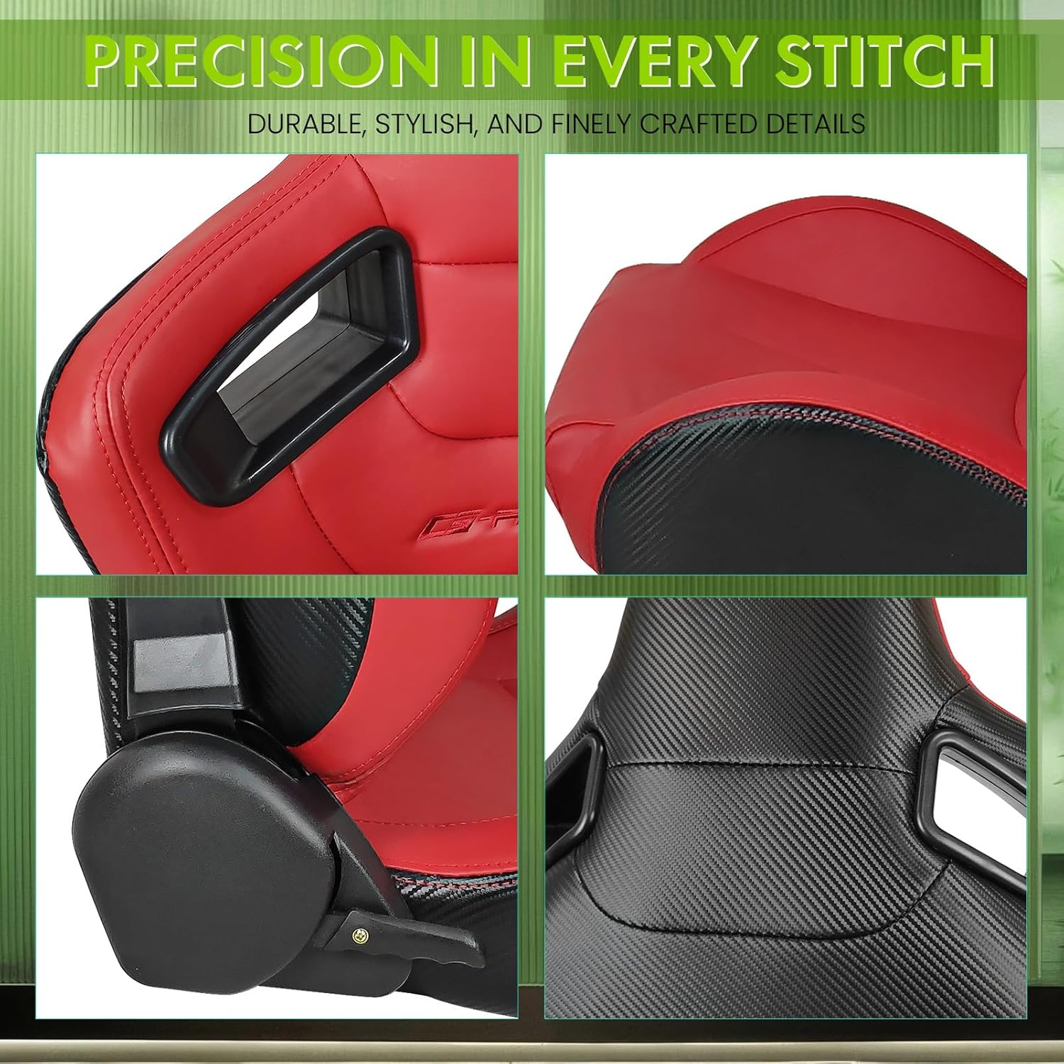 Universal Pairs of Racing Seat with Dual Sliders, PU Leather Front+Carbon Leather Back Reclinable Bucket Seat, Red w/LOGO