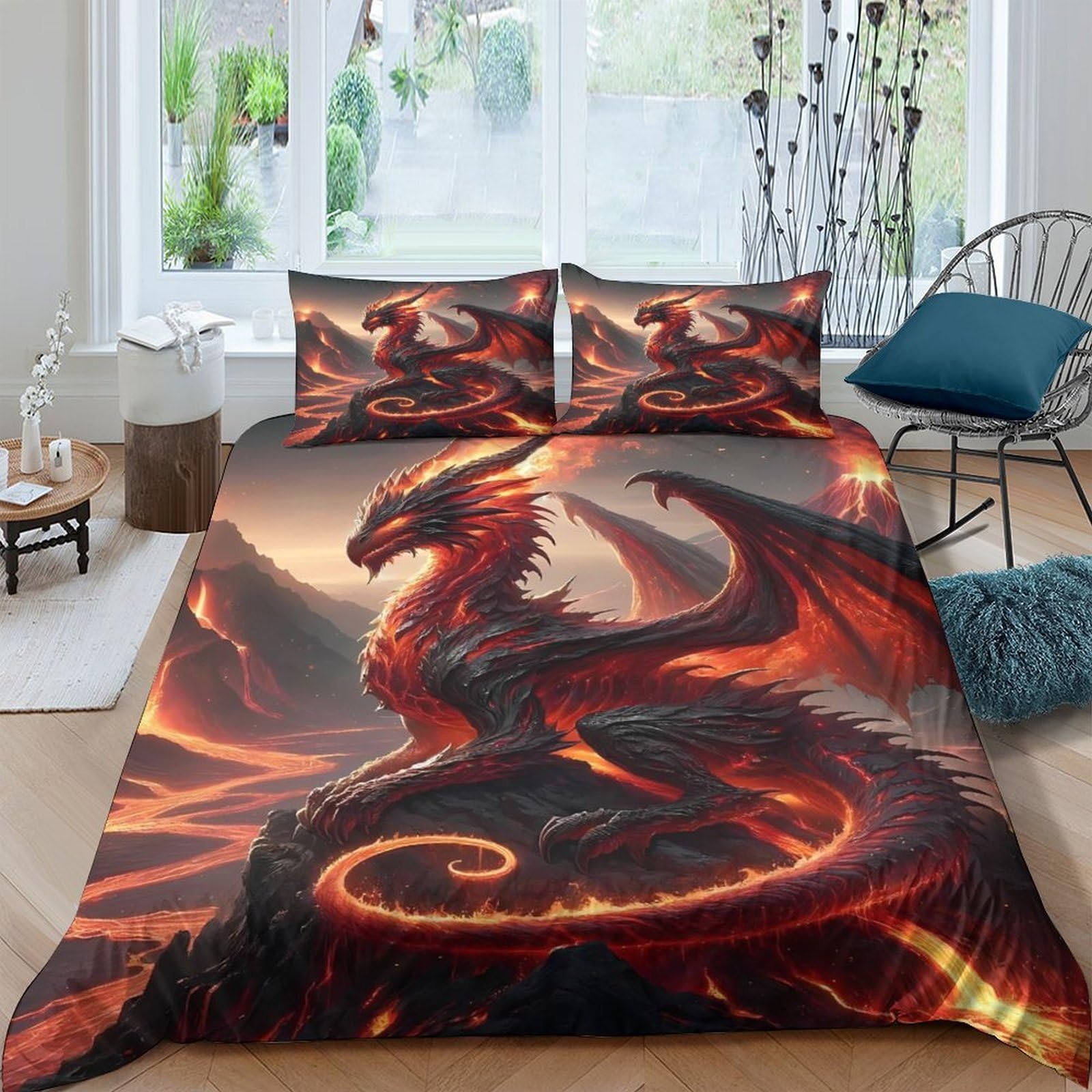 Ctjqhvkz Style-5 3D Printed Fire Dragon Fitted Sheet Microfiber Soft Breathable Lava Fantasy Mattress Cover For Bedroom Decor Single（135X200cm）