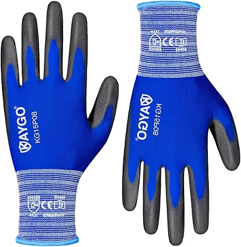 KAYGO KG15P - Guantes de trabajo con revestimiento de poliuretano, nailon Lite, para la seguridad, revestimiento de poliuretano gris, muñeca de