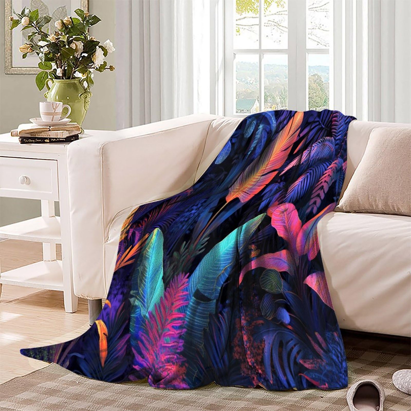Piante della giungla tropicale in strane, luminose, neon Coperta 3D Colori simili Coperta Stampa Per Adolescenti E Adulti, Morbida Coperta in Peluche Per Le Vacanze 80x90inch(200x230cm)