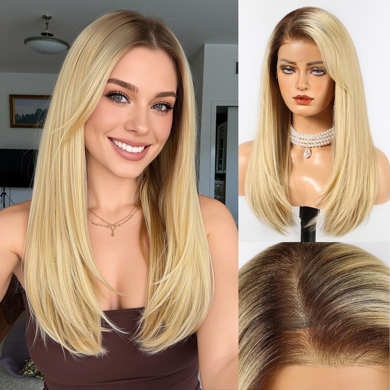 HAIRCUBE 13x6 HD Transparent Lace Front Wig, Ombre Blonde Long Straight Synthetic Wig Glueless Wig with Natural Density Hairline & Adjustable Cap #OM6/FS1212