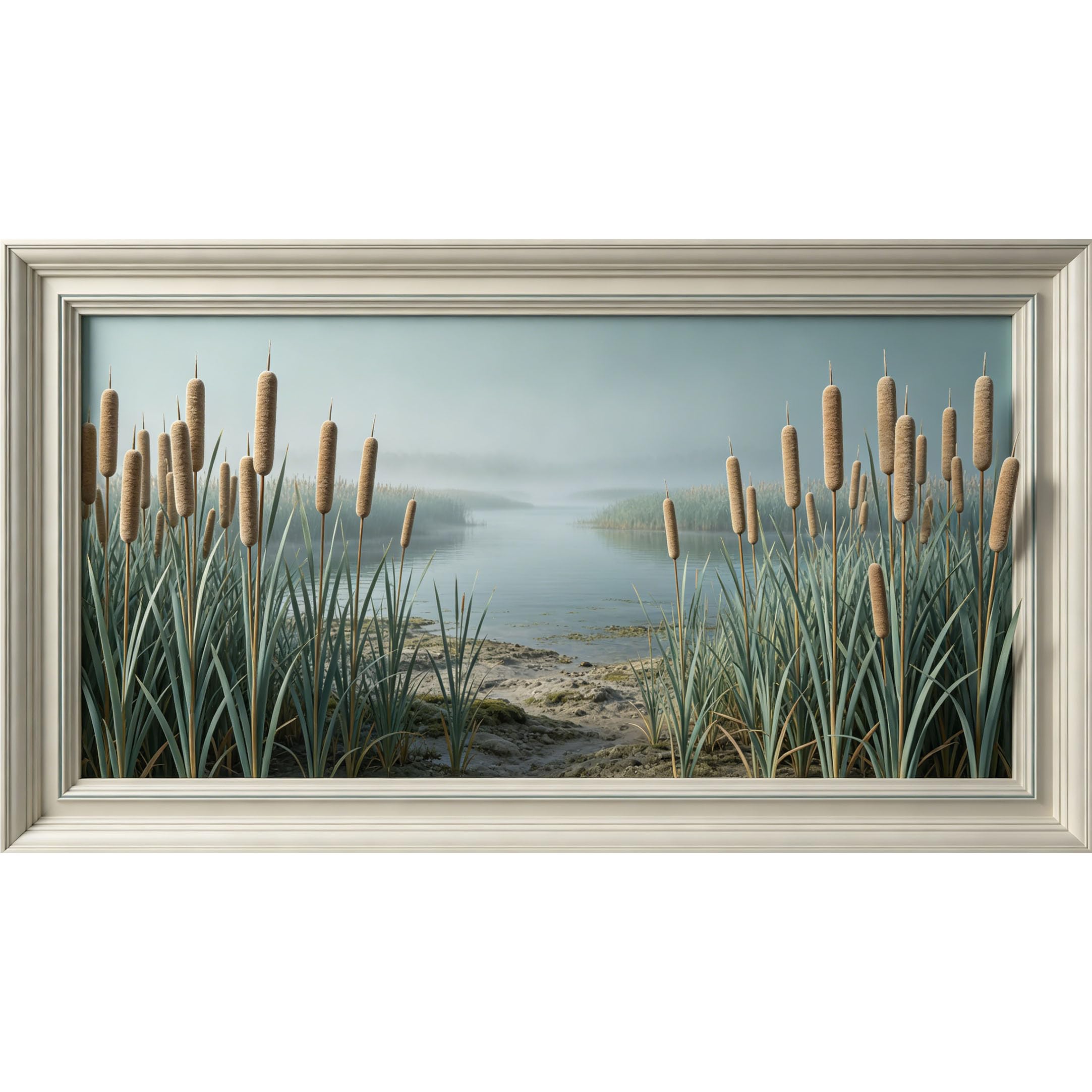 QZLITHOTIC 50×90cm3D Framed Wall Art， Cattail Marsh Lake Landscape Self?Adhesive Mural， Water?Activated Peel & Stick Fabric Decor Wall Decal for Bedroom Living Room