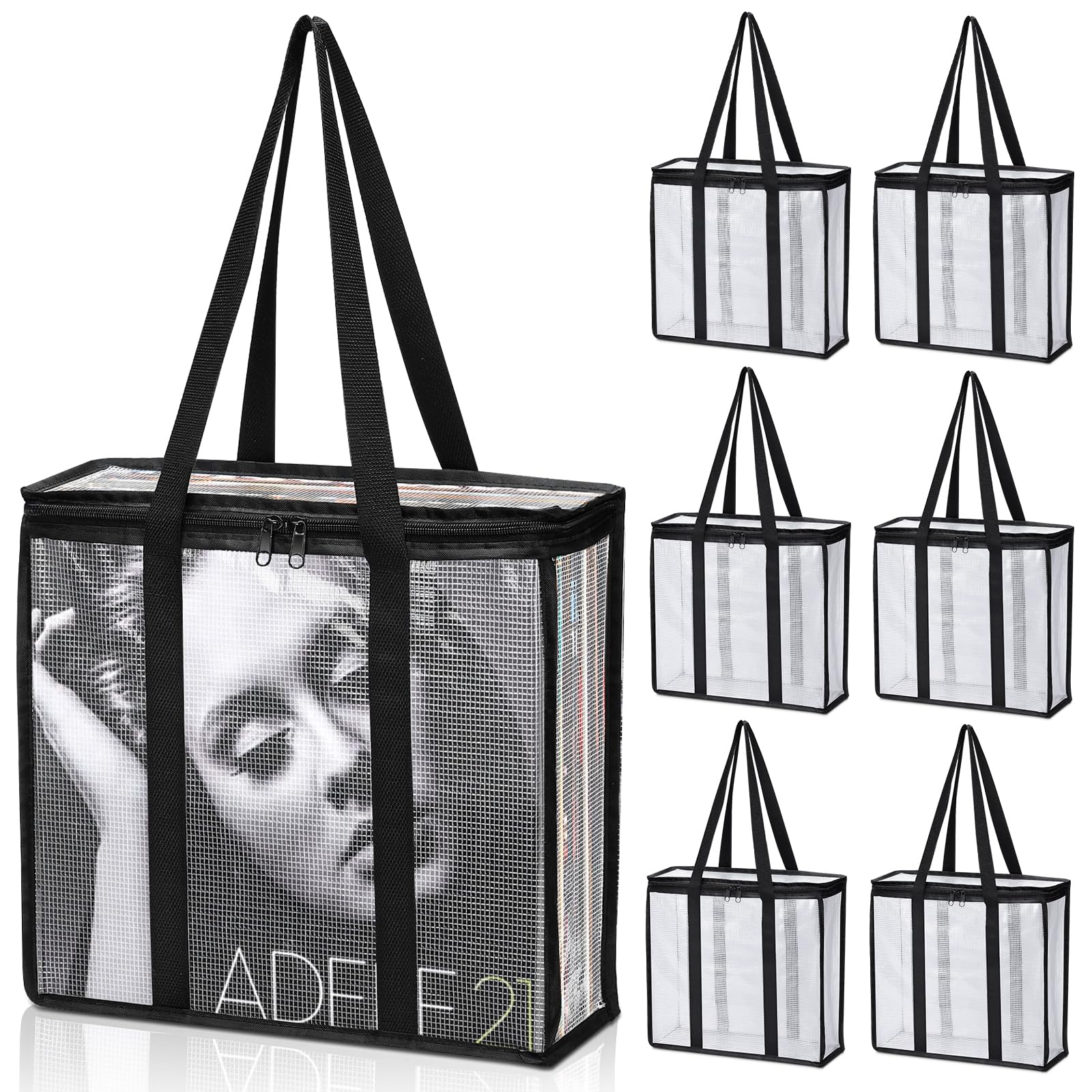 Facmogu 6 Pack Vinyl Storage Carrying Bag, Clear LP Vinyl Organizer - Holds About 220 Albums In Total, Waterproof Mesh Zip Bag Dustproof LP Record