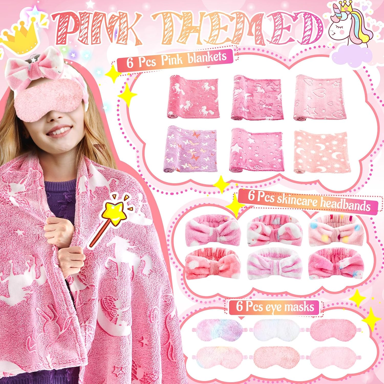 Fanfanwin 18 Pcs Sleepover Party Supplies for Girls, 6 Glow in The Dark Unicorn Blanket 6 Coral Fleece Headband 6 Plush Eye Mask Covers for Sleeping Slumber Sleepover Spa Party Gift(Classic)