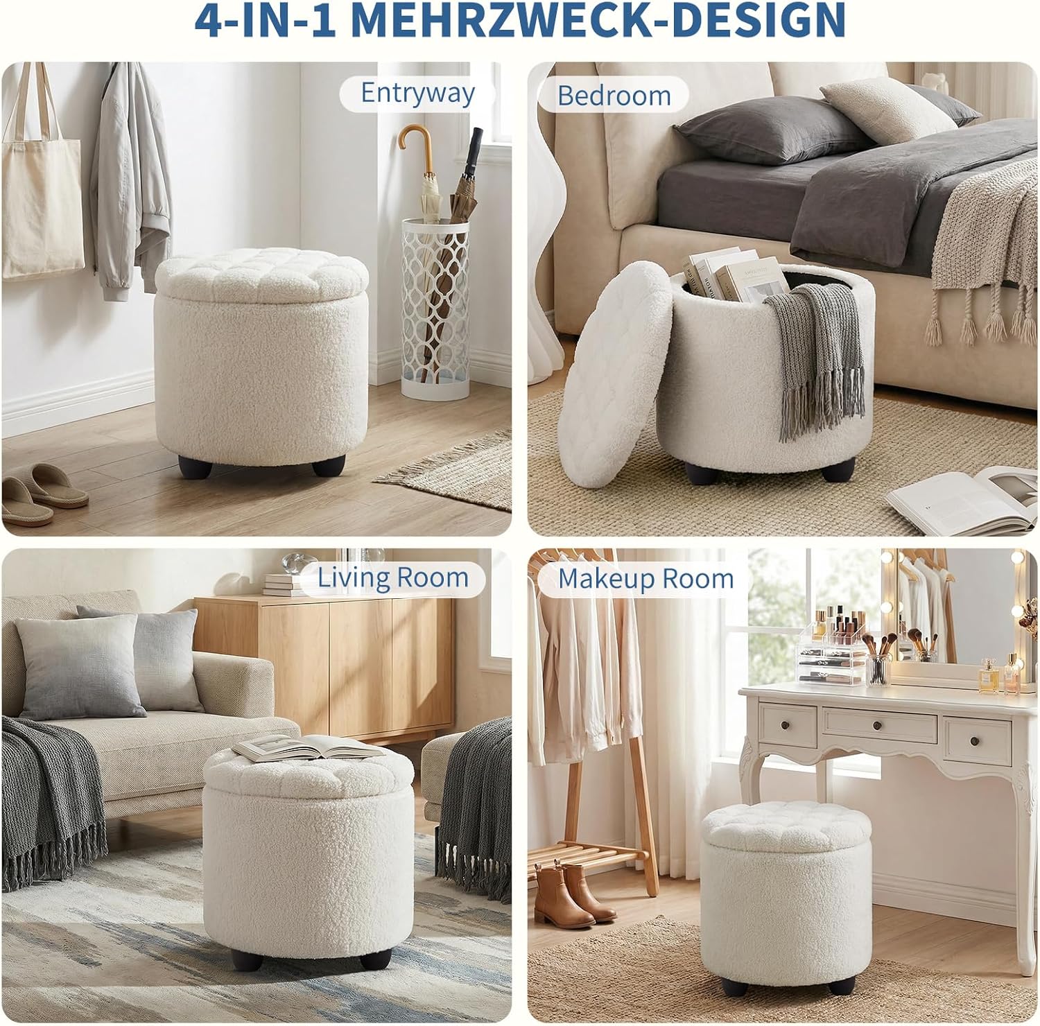 Furniliving Modern Round Storage Ottoman,Button Tufted Ottoman Footstool Ottomans with Removable Lid Storage Stool for Living Room, Bedroom, Makeup Room, Faux Fur, White - Image 4