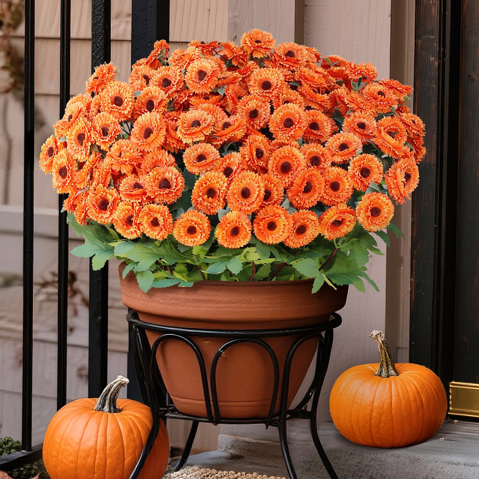 Photo 1 of 8 Bundles 17" Artificial Flowers for Outdoor Fall Decoration,Fake Silk Daisy Bouquet Faux Plants UV Resistant for Front Door Planter Outside Home Garden Yard Porch Thanksgiving Autumn Decor (Orange)