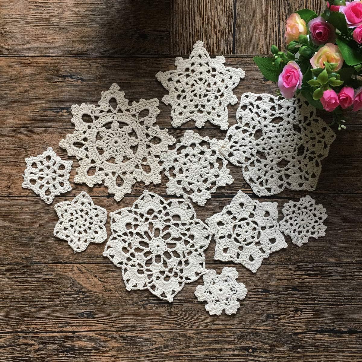 MINDPLUS Set of 24 Hand Crochet Doilies Cotton Crocheted Lace Doilies 2-7 Inches Snowflake Style White Beige Vintage (White&Beige)
