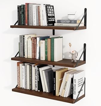 Heimlove Floating Book Shelves for Wall,23.6 Inches Wall Bookshelf Mounted Display&Storage Wood Shelves for Kitchen Bathroom Laundry Living Room,Set of 3,Walnut Color