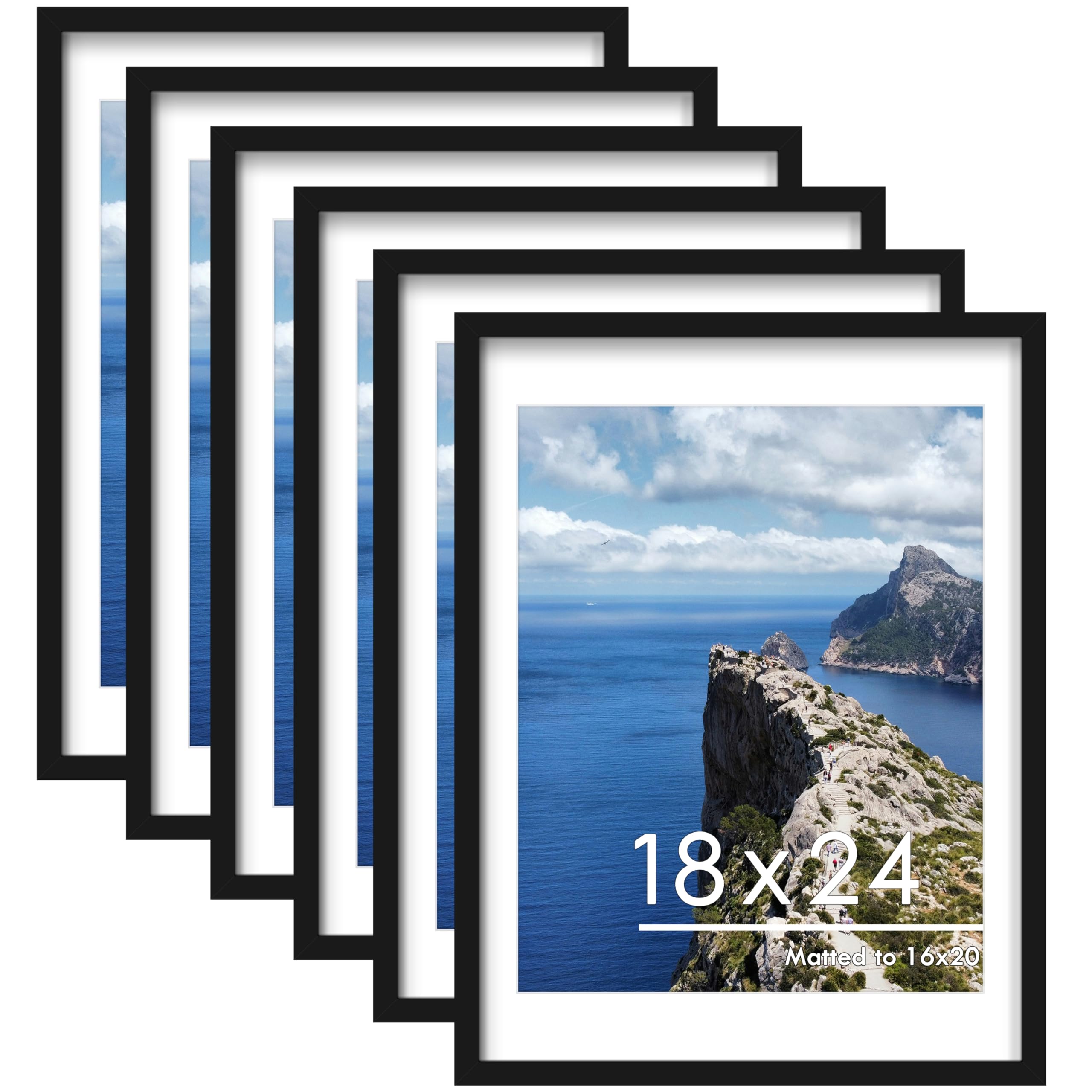 PEALSN 18x24 Poster Frame Set of 6, Display Pictures 16 x 20 with Mat or 18 x 24 Without Mat for Wall Mounting Display, poster frames 18 x 24 for Wall Decor, Black
