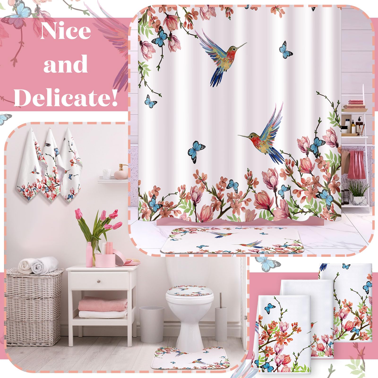 Newwiee Boho Duschvorhang-Set Mit Blumenmuster – 7-teilig Mit Matten, Handtüchern & WC-Vorlegern, Wasserdicht