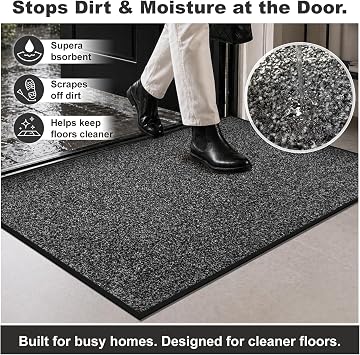 Mibao Super Absorbent Front Door Mat, 29.5 x 17, Non-Slip Washable Indoor Doormats, Low Profile Entryway Rug Outdoor, Dirt Resistant Welcome Mats for Front and Back Door Entrance, Grey