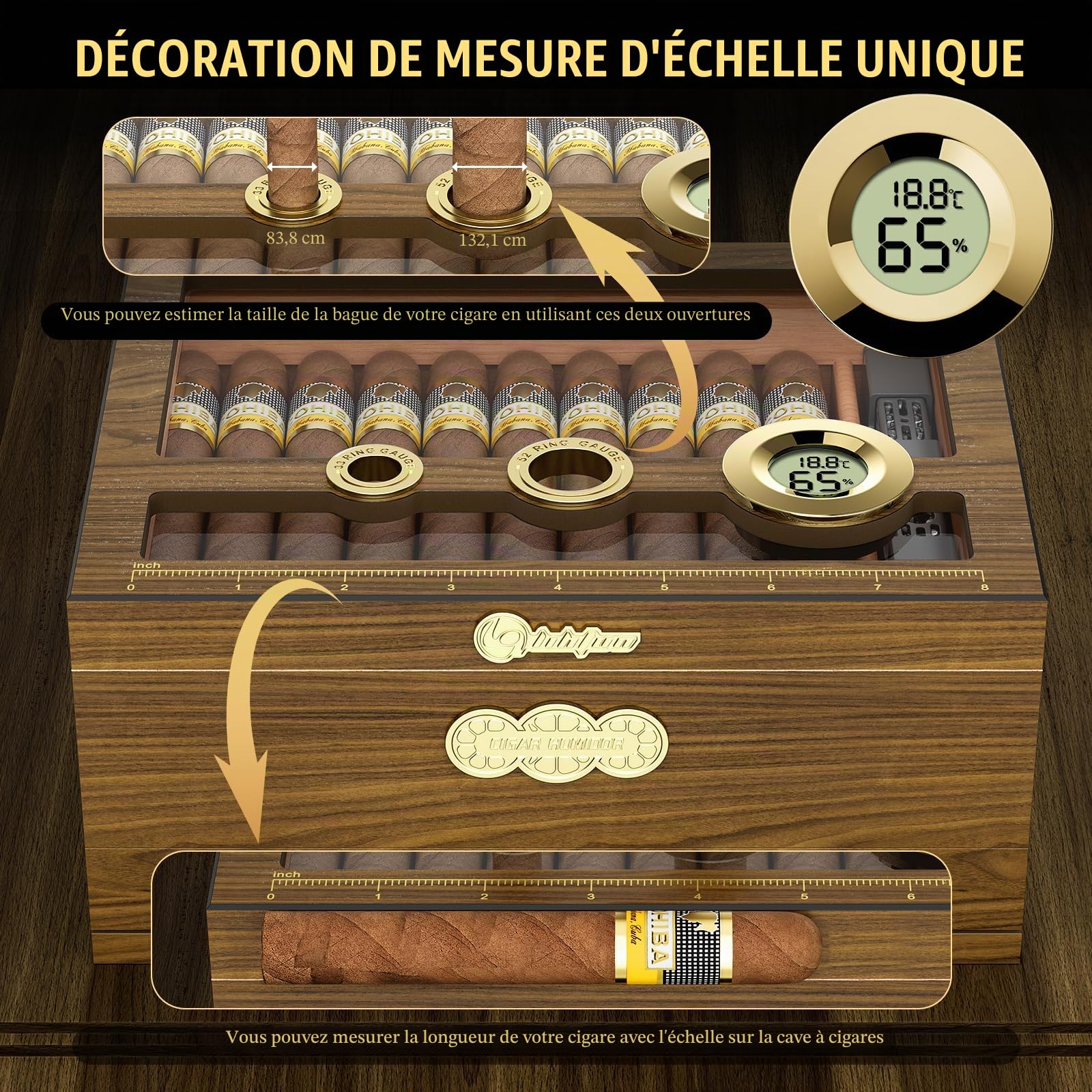 LIHTUN Cave à cigare, étui à cigares de bureau avec hygromètre numérique, humidificateur, tiroir d'accessoires de cigare, tiroir et échelle de mesure, boîte à cigares pour homme (Ch-2)