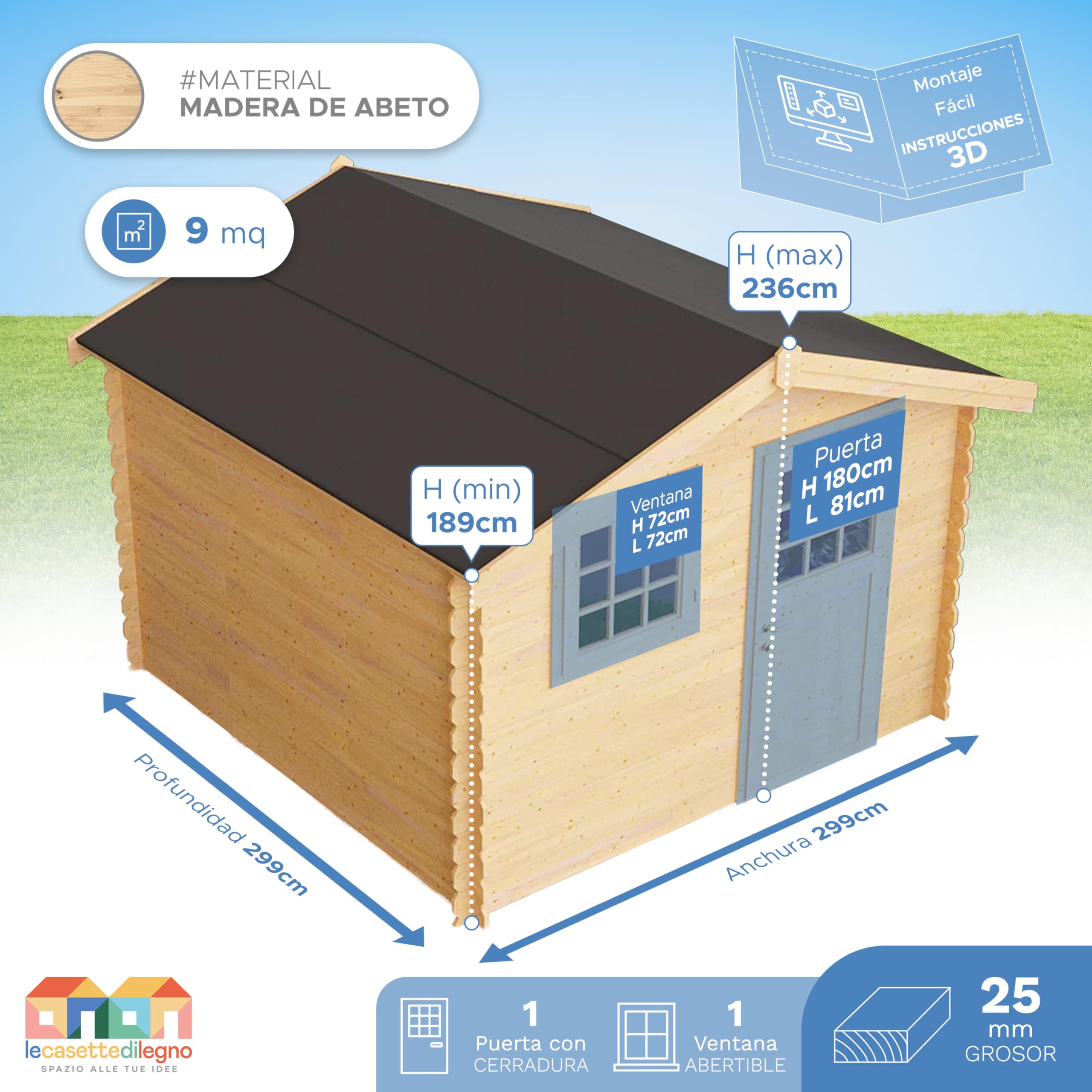 Casetta da giardino in legno per esterni 9 mq 300x300 25mm MADE IN ITALY mod. DALI' casetta in legno, rimessa attrezzi, deposito, box per esterni (Con Pavimento)