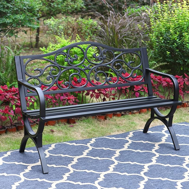 MFSTUDIO 50 Inches Outdoor Garden Bench Cast Iron Metal Frame, Floral Black | E-Coating Anti-Rust Finish, Weatherproof Outdoor Bench for Patio, Porch, Front Door, Park, Up to 550 Lbs for 2-3 People