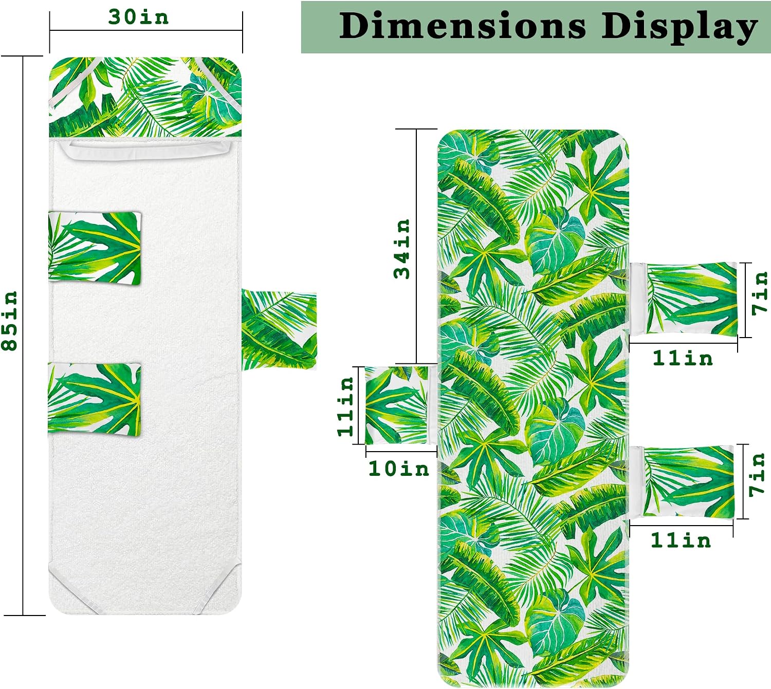 Lounge Chair Towel Cover, (Pack of 2), Beach Chair Cover with Pockets, Pool Chair Covers for Outdoor Beach Furniture Sun Lounger, No Sliding, 85 X 30 in, Green Palm Leaves