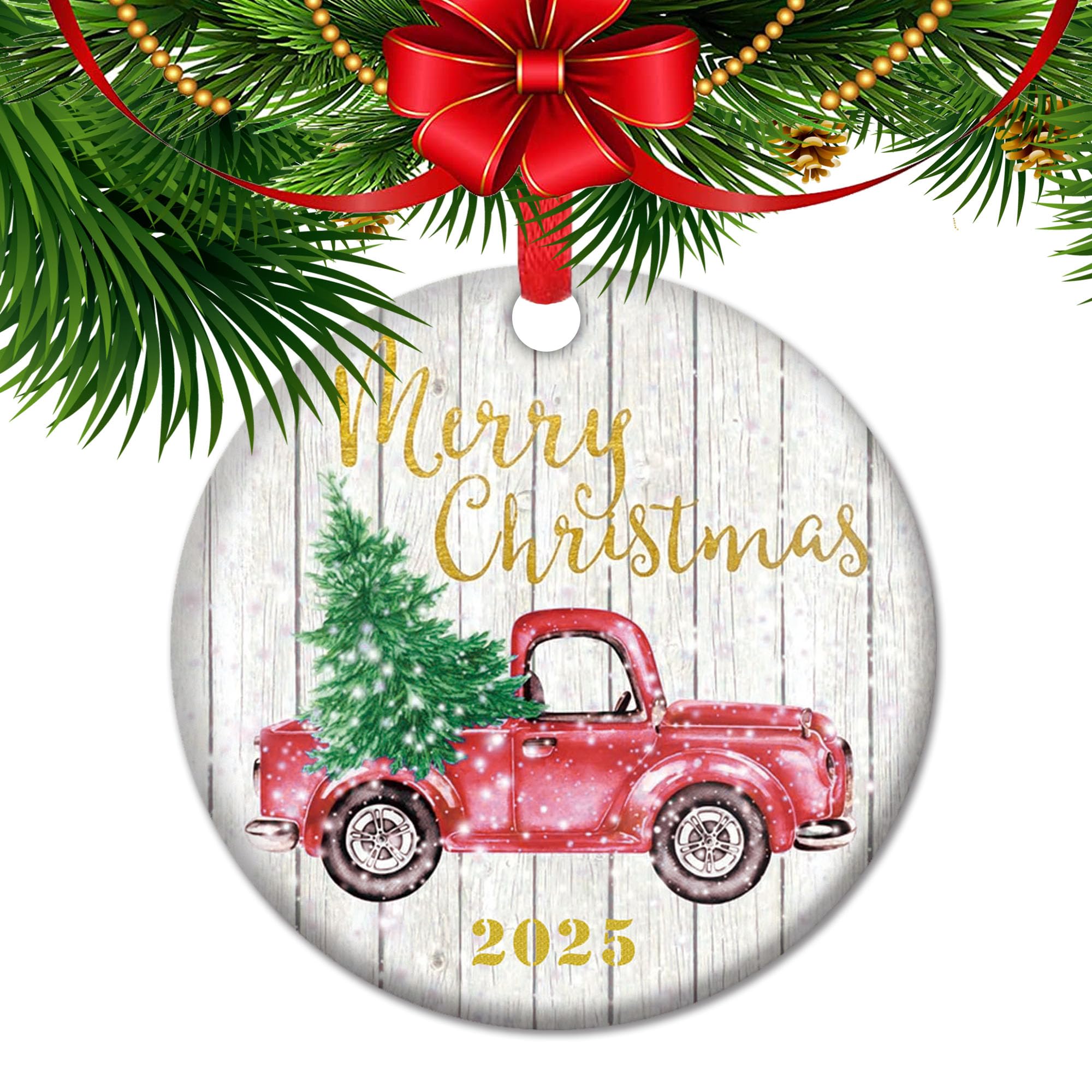 Vintage Red Pickup Truck Ornament 2025 Country Christmas Tree Decor Rustic Holiday Decorations Farmhouse Style Xmas Ceramic Gift