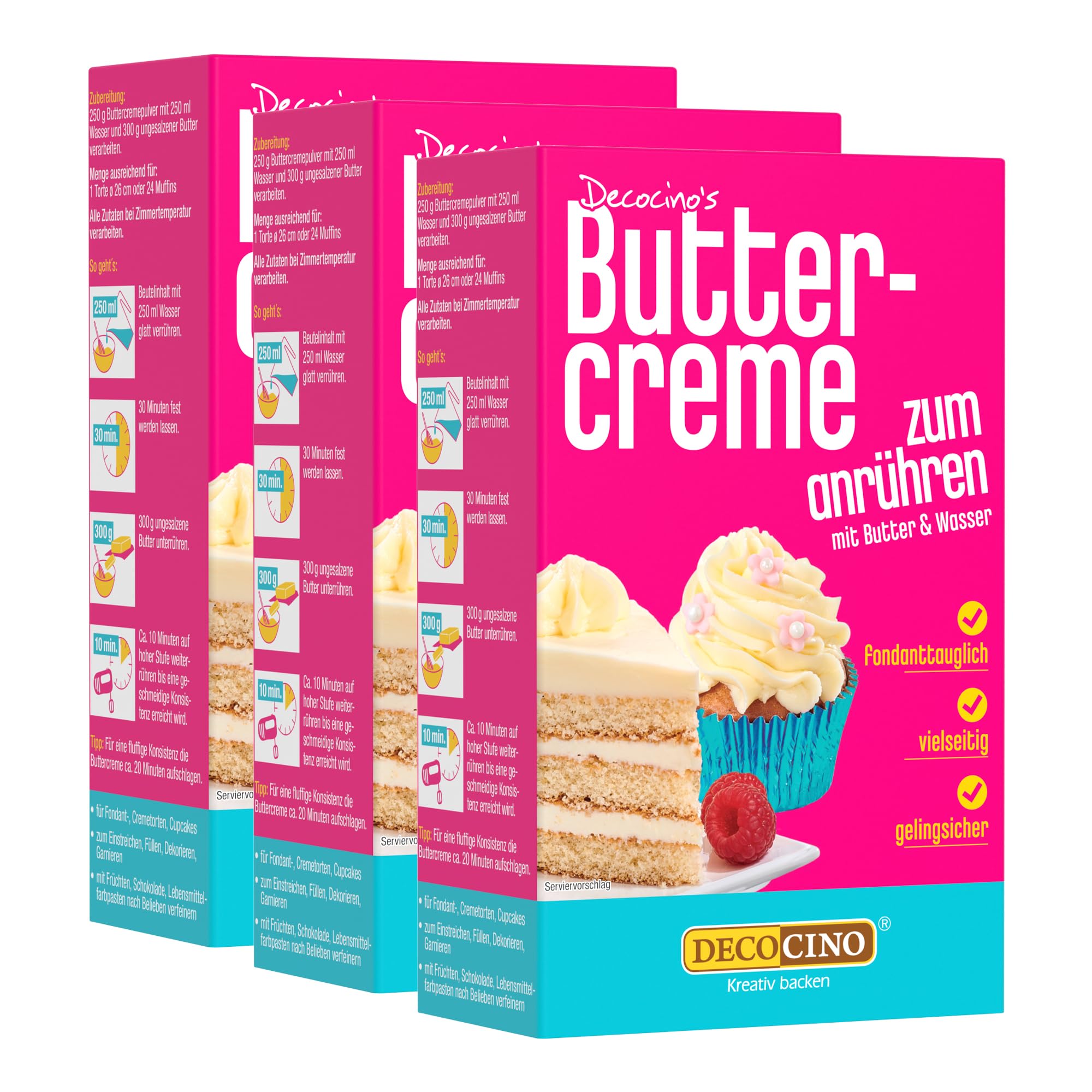 DECOCINO Vanille Buttercreme Fertigmischung (3x250g) - fertige Buttercreme Mischung im Vanille Geschmack, ideal für Torten, Kuchen und Cup Cakes, Topping, Motivtorten, Frankfurter Kranz, Geburstag