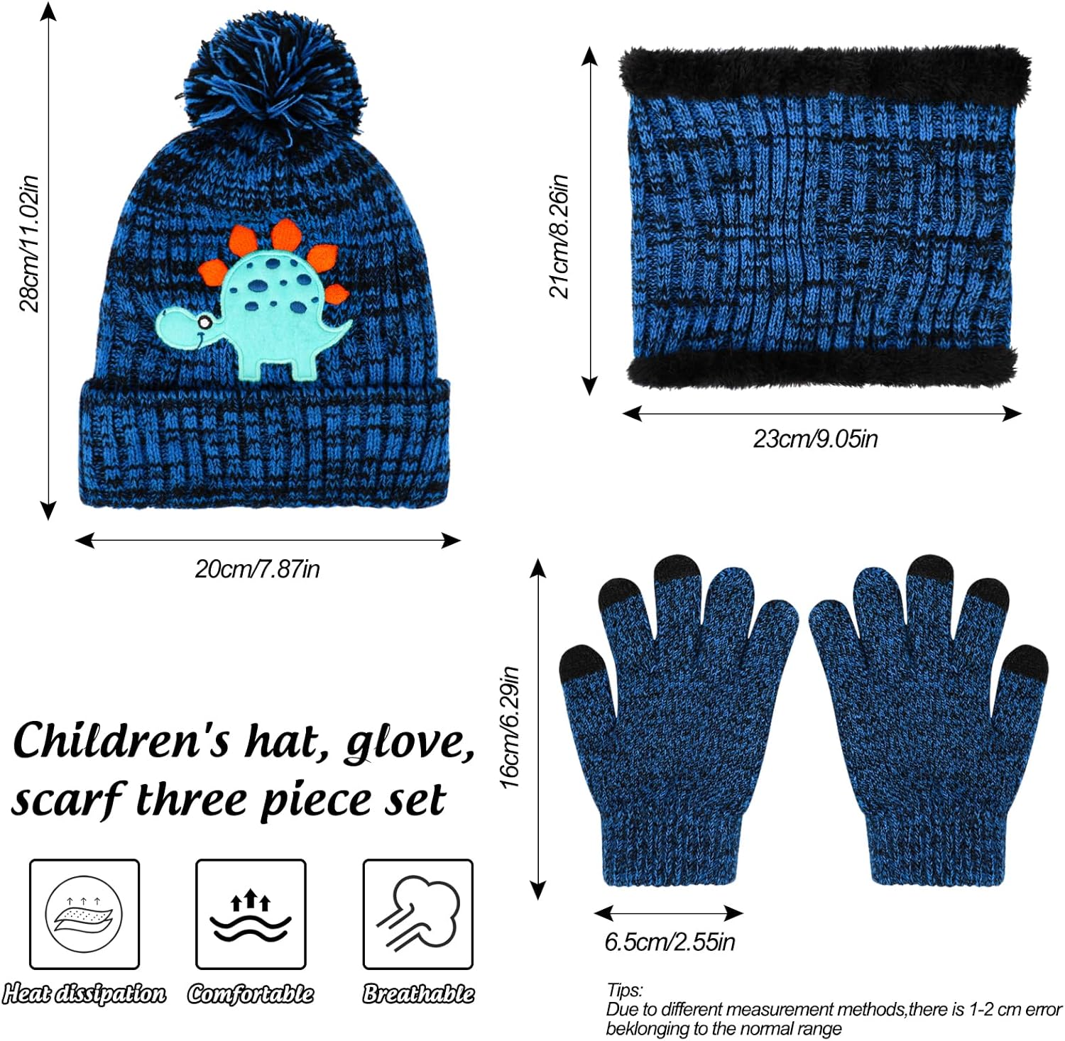 QKURT Kinder Winter-Set 3-in-1 - Mütze, Schal, Handschuhe Dinosaurier