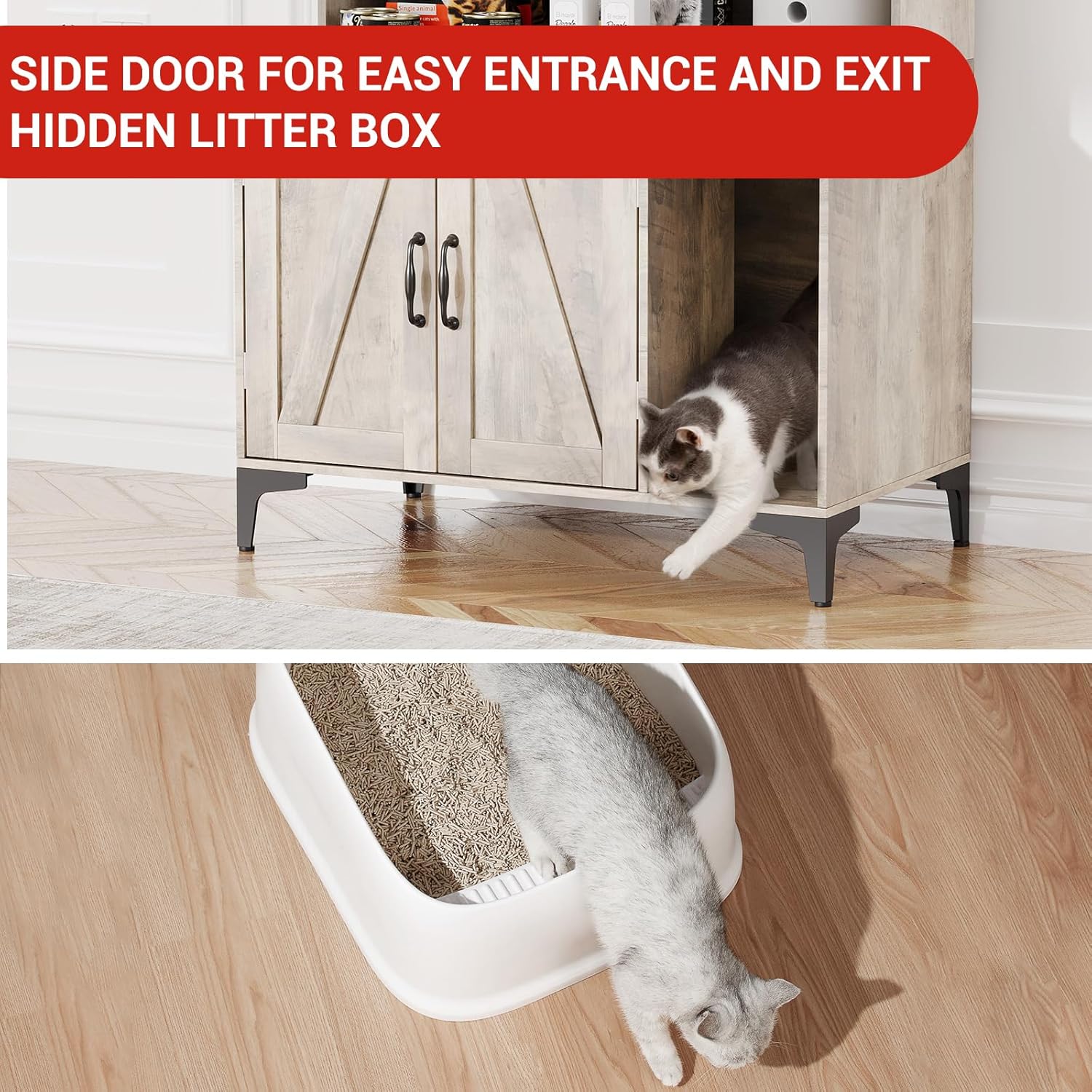 TrailBlaze Large Modern Cat Litter Box Enclosure with 4-Tier Storage Shelves & 2 Doors – Hidden Cat Washroom Cabinet, Sturdy Wood, Indoor Cat House – Gray, Includes Litter Mat