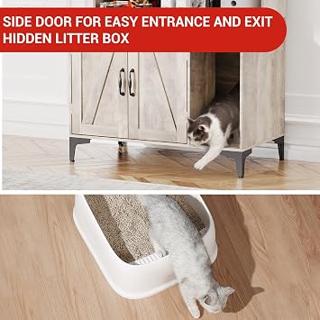 Modern Cat Litter Box Furniture Enclosure with Scratching Post and Storage Shelves, Hidden Litter Box Cabinet Multi-Functional Pet House for Living Room Bedroom
