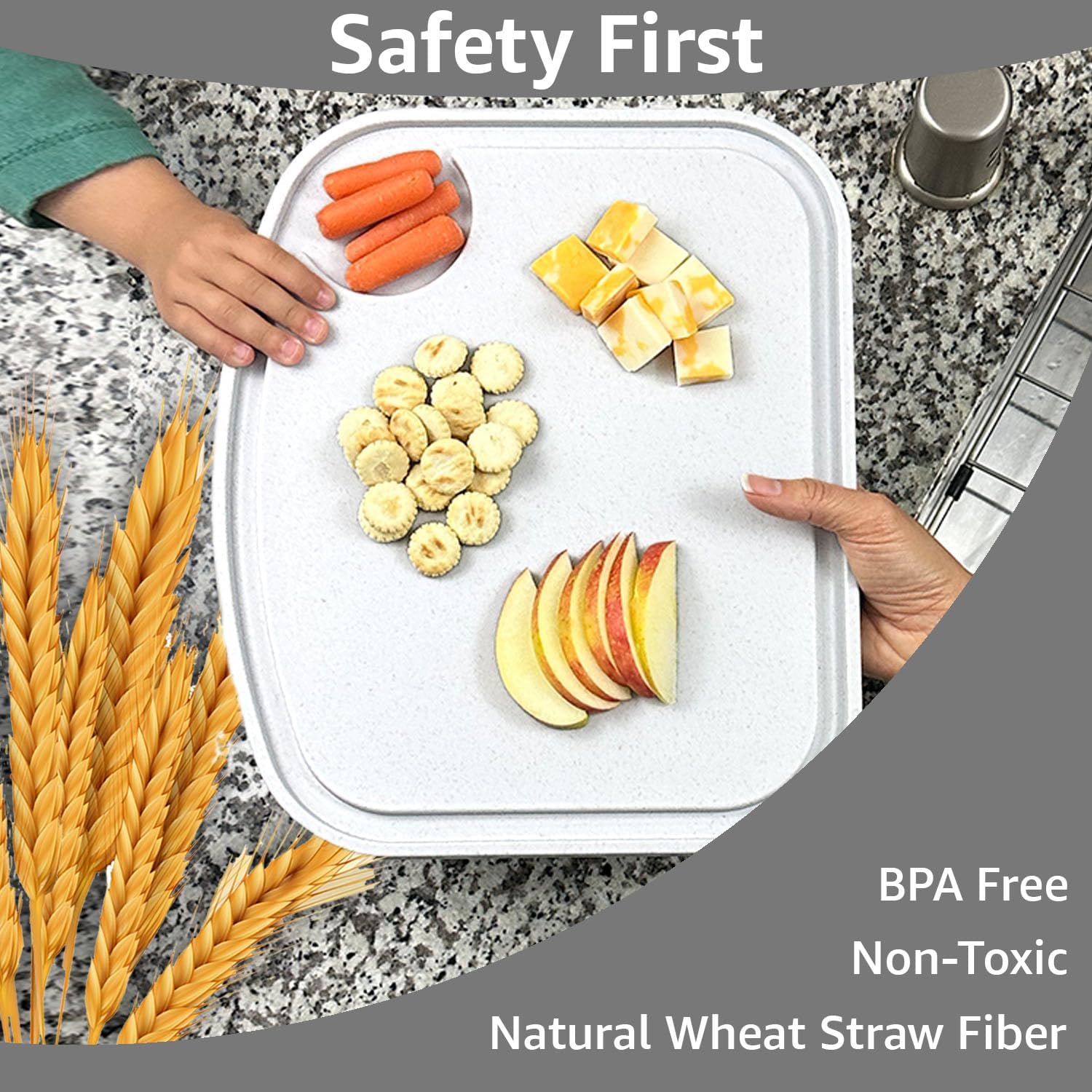 Two Peas Kid Plates or Toddler Plates and Cutting Board Plate Set -of- 2 | Unbreakable | Wheat Straw | Dinnerware Sets as Reusable Plates for Kids (White)
