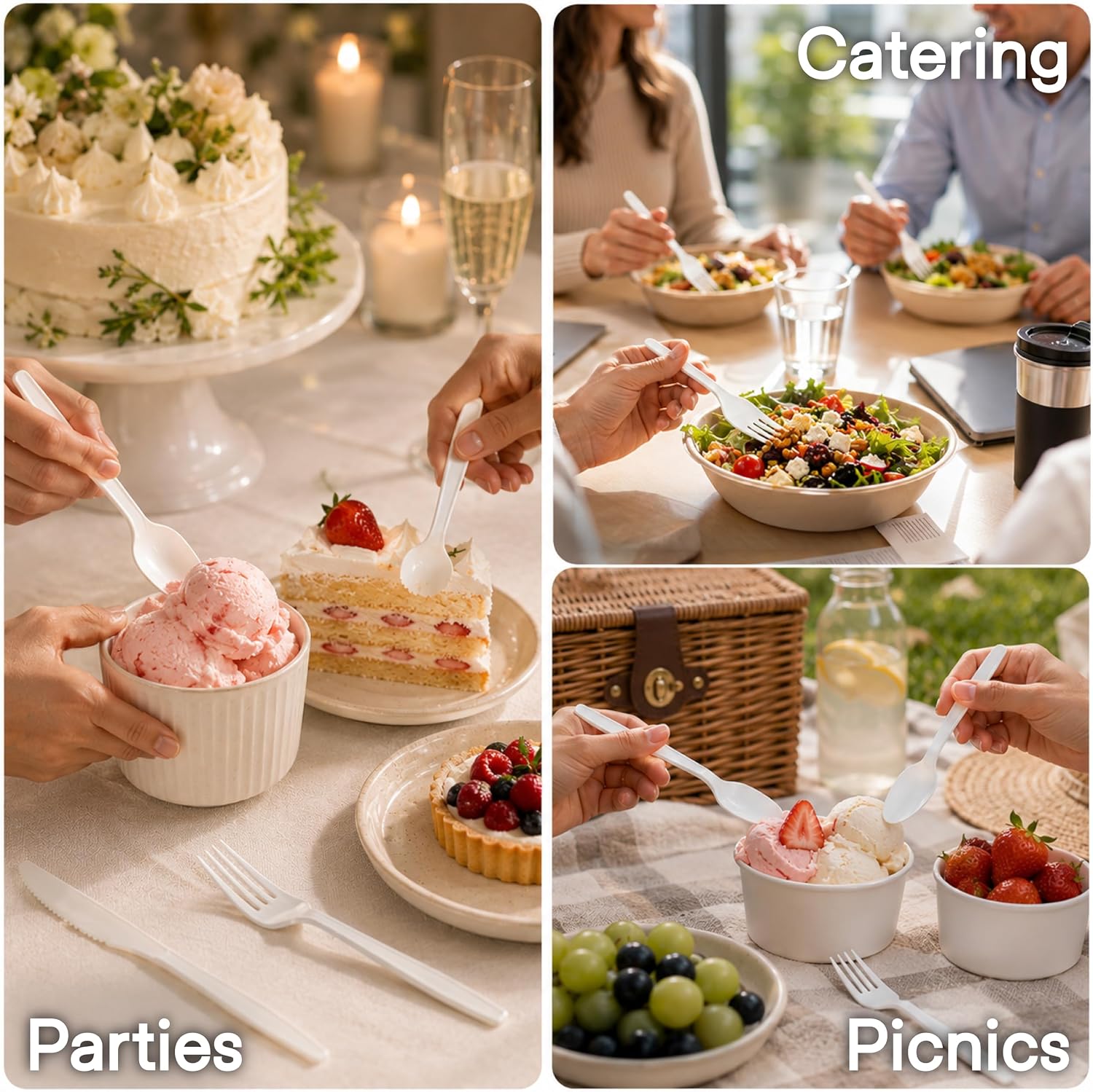 Commercially Compostable Disposable Cutlery Set, [Count] Plant-Based Forks Spoons Knives, Sturdy Single-Use Utensils for Catering, Parties, Picnics, Lunches & Takeout