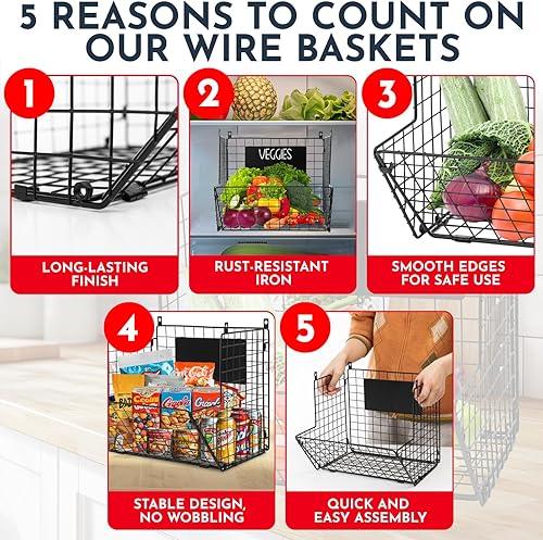 Miniatura 5 de Cestas de frutas colgantes de pared XL de 3 niveles para organizar frutas y verduras, cesta de pared resistente para almacenamiento con pizarras y