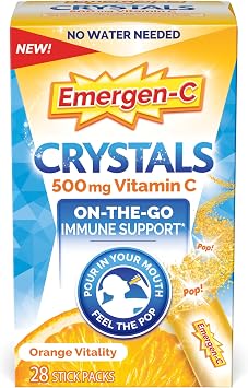 بلورات Emergen-C، مكمل دعم المناعة Emergen-C أثناء التنقل مع فيتامين C وفيتامينات B والزنك والمنغنيز وحيوية البرتقال - 28 عبوة لاصقة