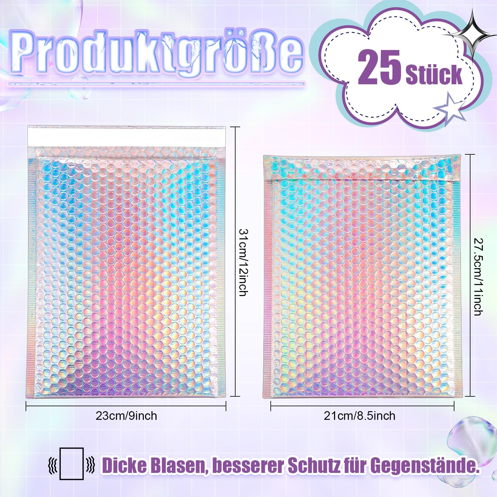 25 Stück Metallische Luftpolsterumschläge, 21.6x28cm Selbstklebende Gepolsterte Umschläge, holografische Luftpolster-Versandtaschen, Poly-Umschläge für Versand, Versand und Verpackung