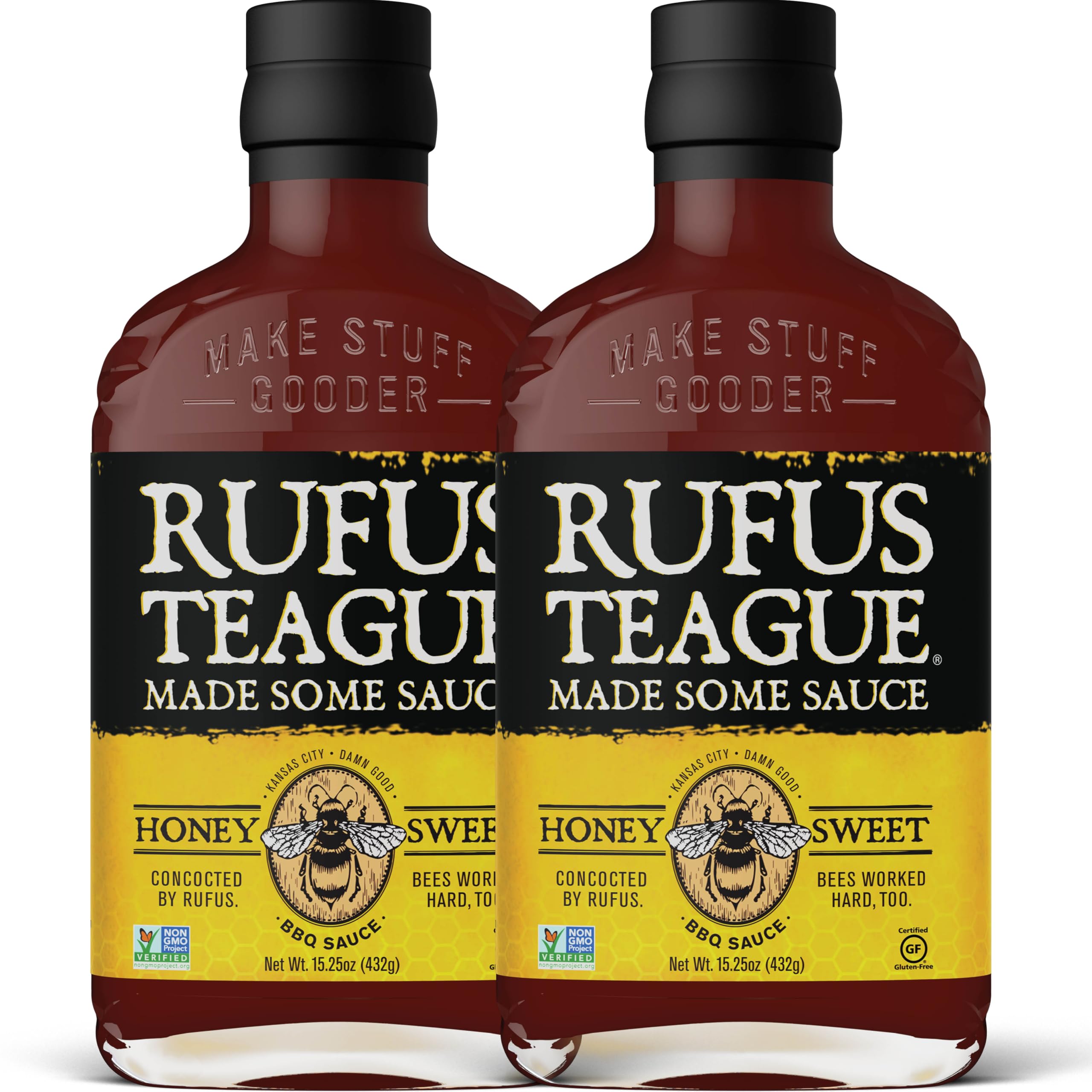 Rufus Teague Honey Sweet BBQ Sauce, 2 Pack Size, Premium Barbecue Sauces with Natural Ingredients, Award-Winning Bold Flavor, Gluten-Free, Non-GMO, 15.25 oz