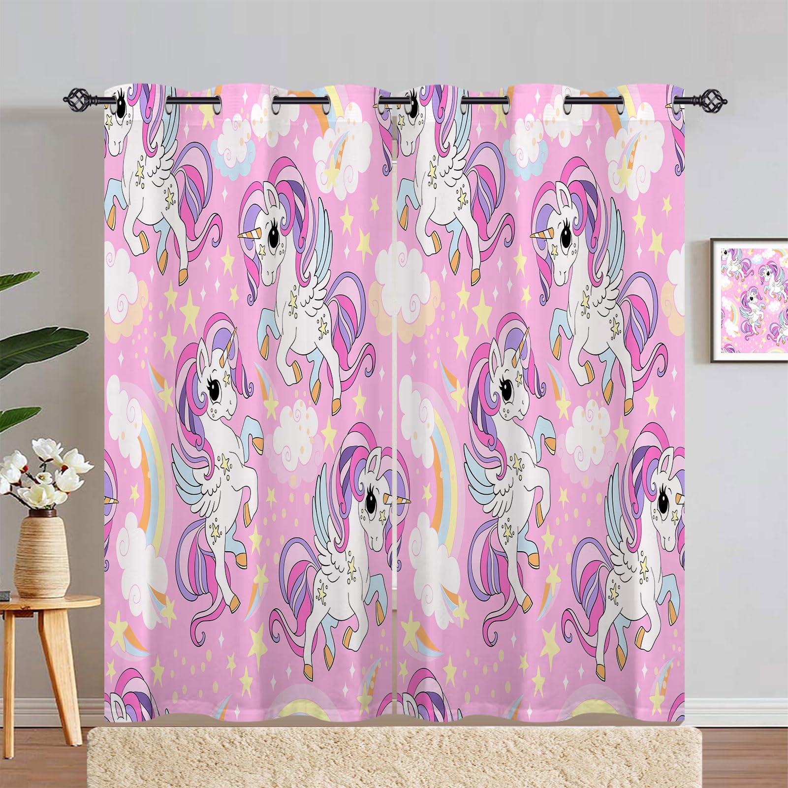 ANHOPE Cute Cartoon Unicorn Curtains Eyelet Soft Thermal Insulated Blackout Curtains Rainbow Cloud Stars Print Pattern Ring Top Window Drapes for Kids Girls Bedroom Living Room 46 x 72 Inch 2 Panels — image 1