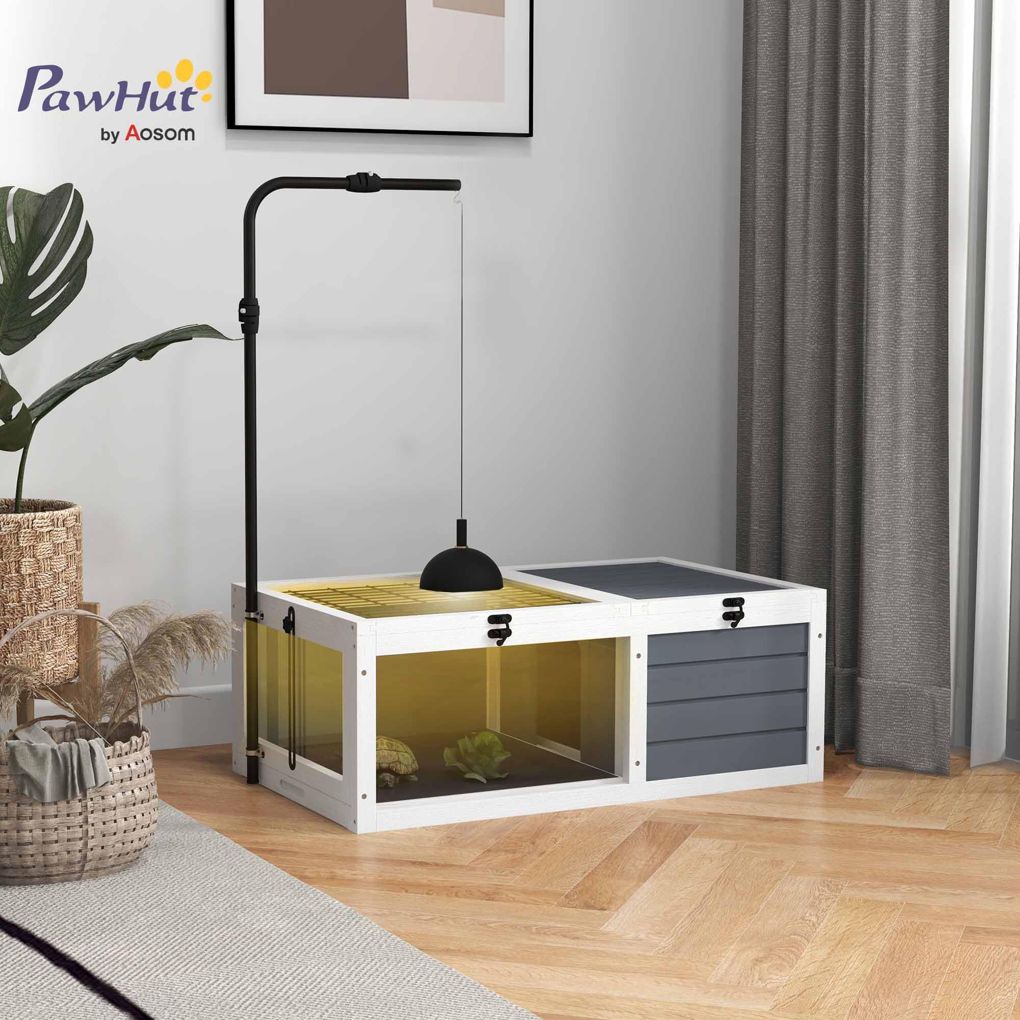 PawHut House gabbia per tartarughe di piccole dimensioni con 2 spazi, portalampada regolabile, 2 vassoi scorrevoli, 81 x 48 x 31,5 cm - legno massiccio grigio