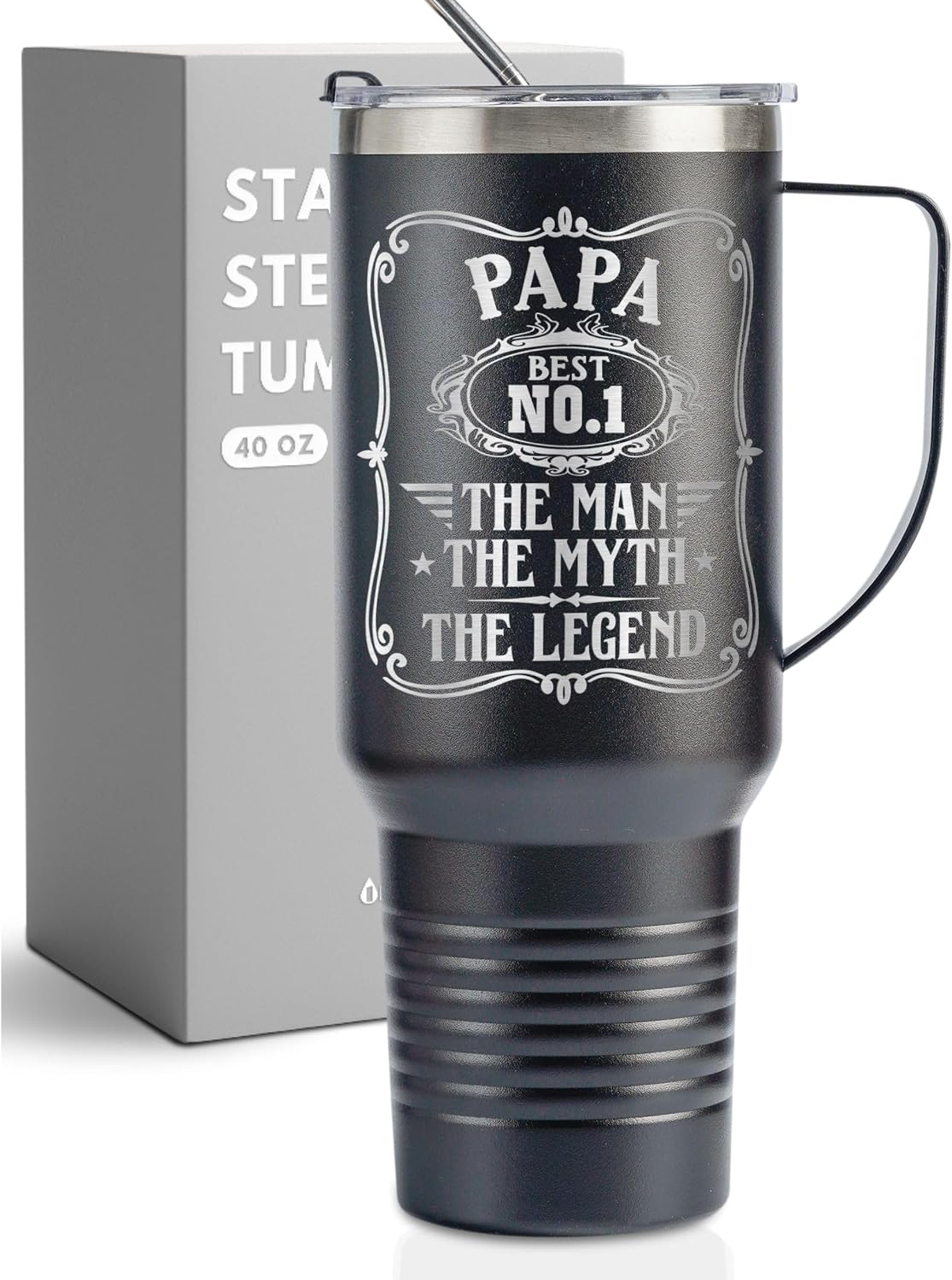 Onebttl Papa Gifts, 40oz Tumbler with Handle, Grandpa Presents from Grandkids for Father's Day, Christmas, Birthday, Retirement, Stainless Steel Cup with Lid & Straw