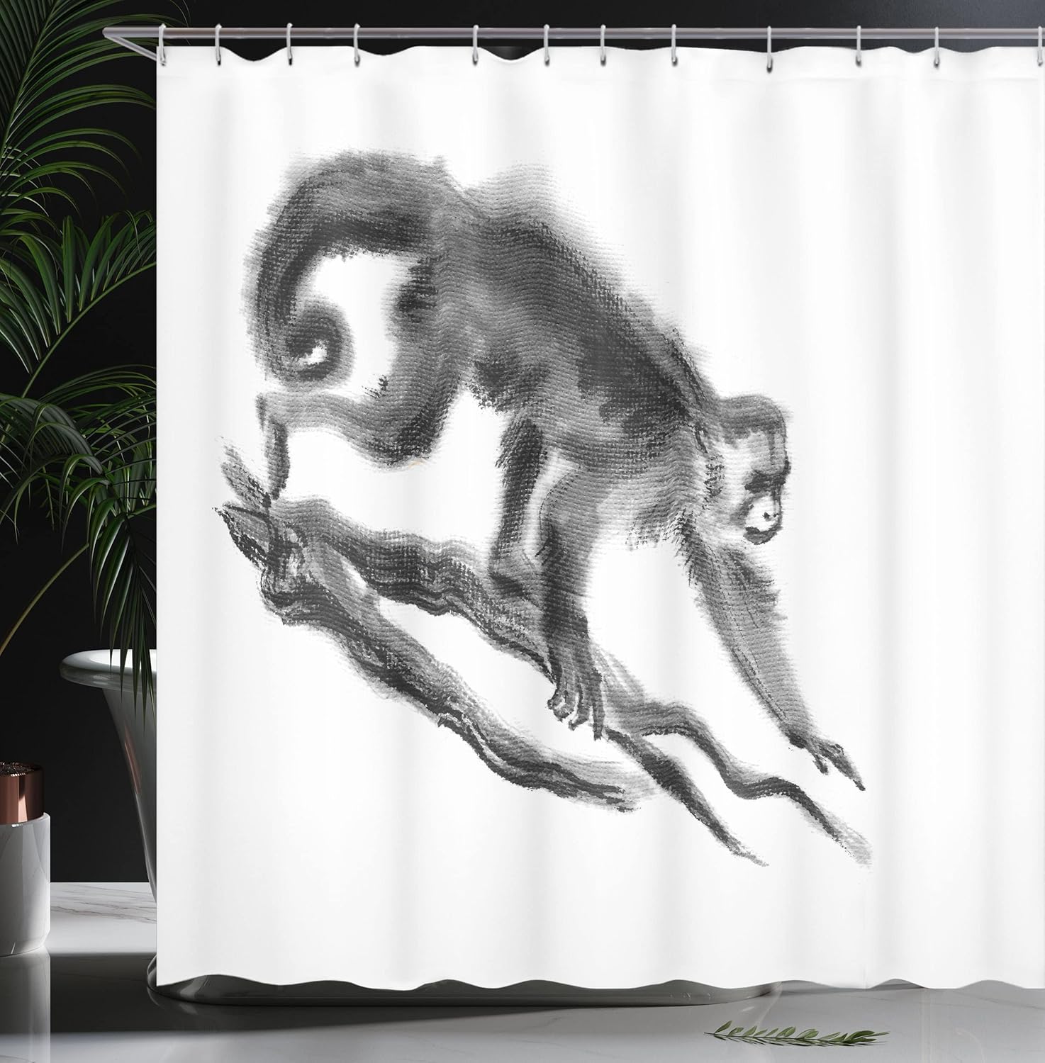Ambesonne Animal Shower Curtain, Sketchy Style Monkey on a Branch Exotic Creature in Jungle Hand Drawn Illustration, Cloth Fabric Bathroom Decor Set with Hooks, 69" W x 70" L, Dimgrey Black