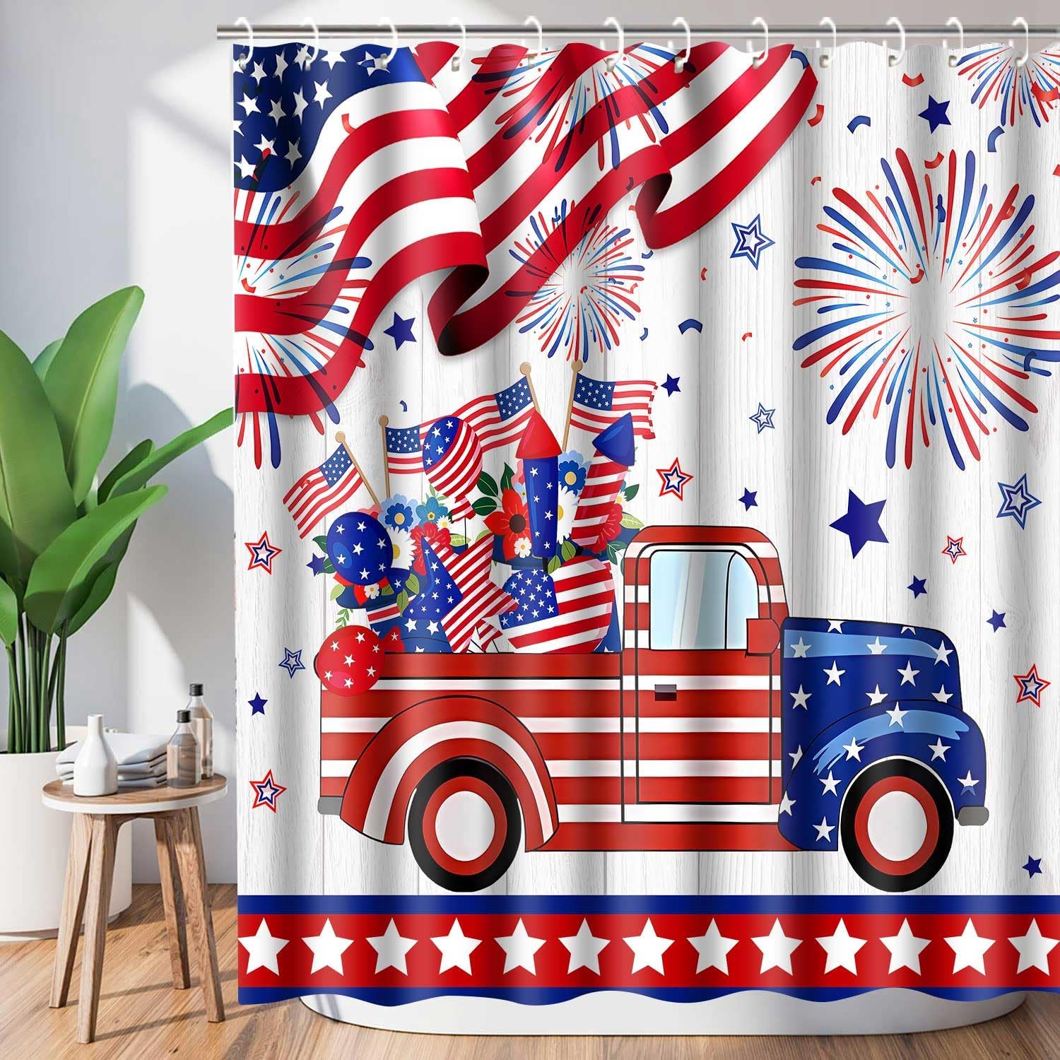 4th of July Shower Curtain Patriotic Shower Curtains American Flag Red Truck Independence Day Bath Curtain 72 "x72 Memories Day USA Country Rustic Bathroom Curtain Decor with 12 Hooks
