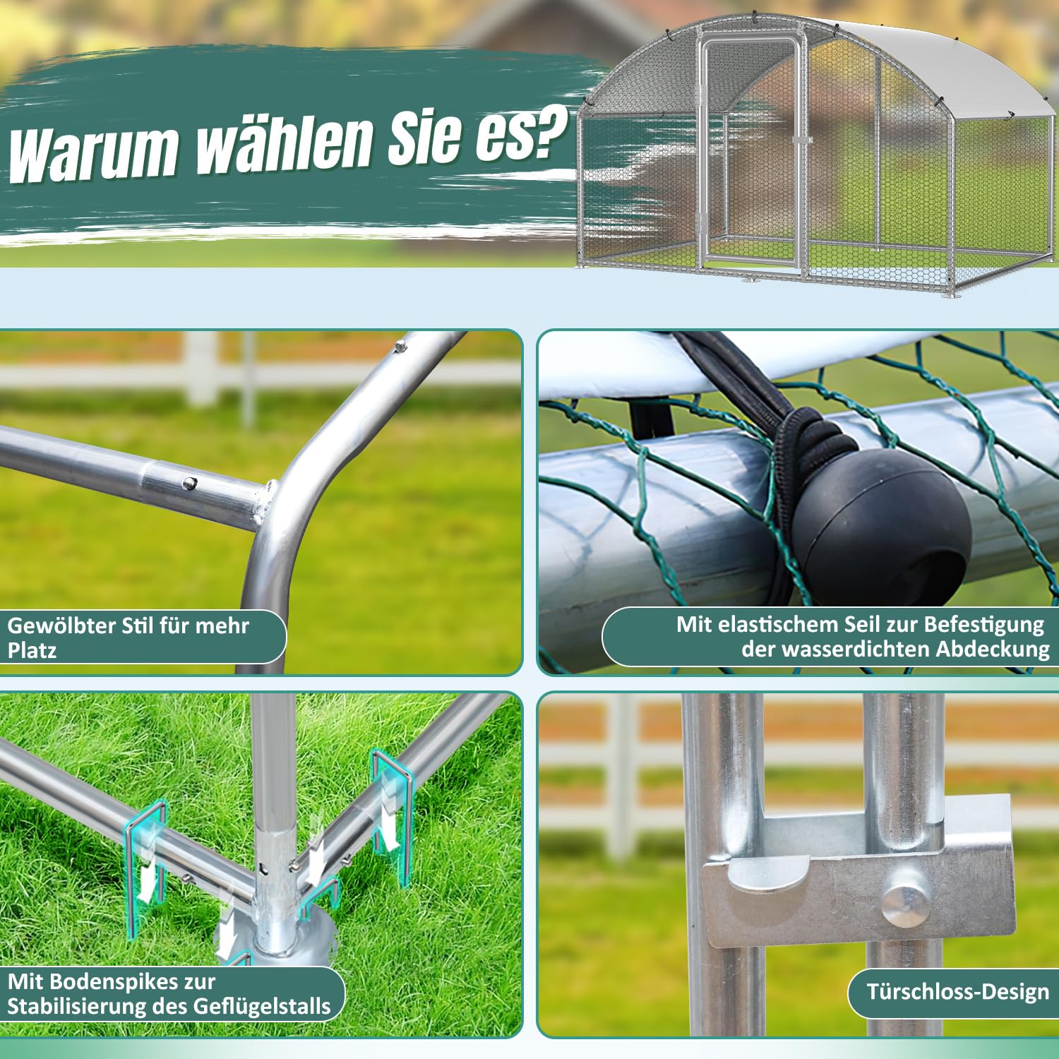Freilaufgehege Hühnerstall, 3x6x2m Hühnerhaus Kleintierstall mit Sicherheitsschloss und Wasserdichtes Abdeckung, Kuppeldach Freigehege für Hühner,Vogelkäfig, Pflanzen