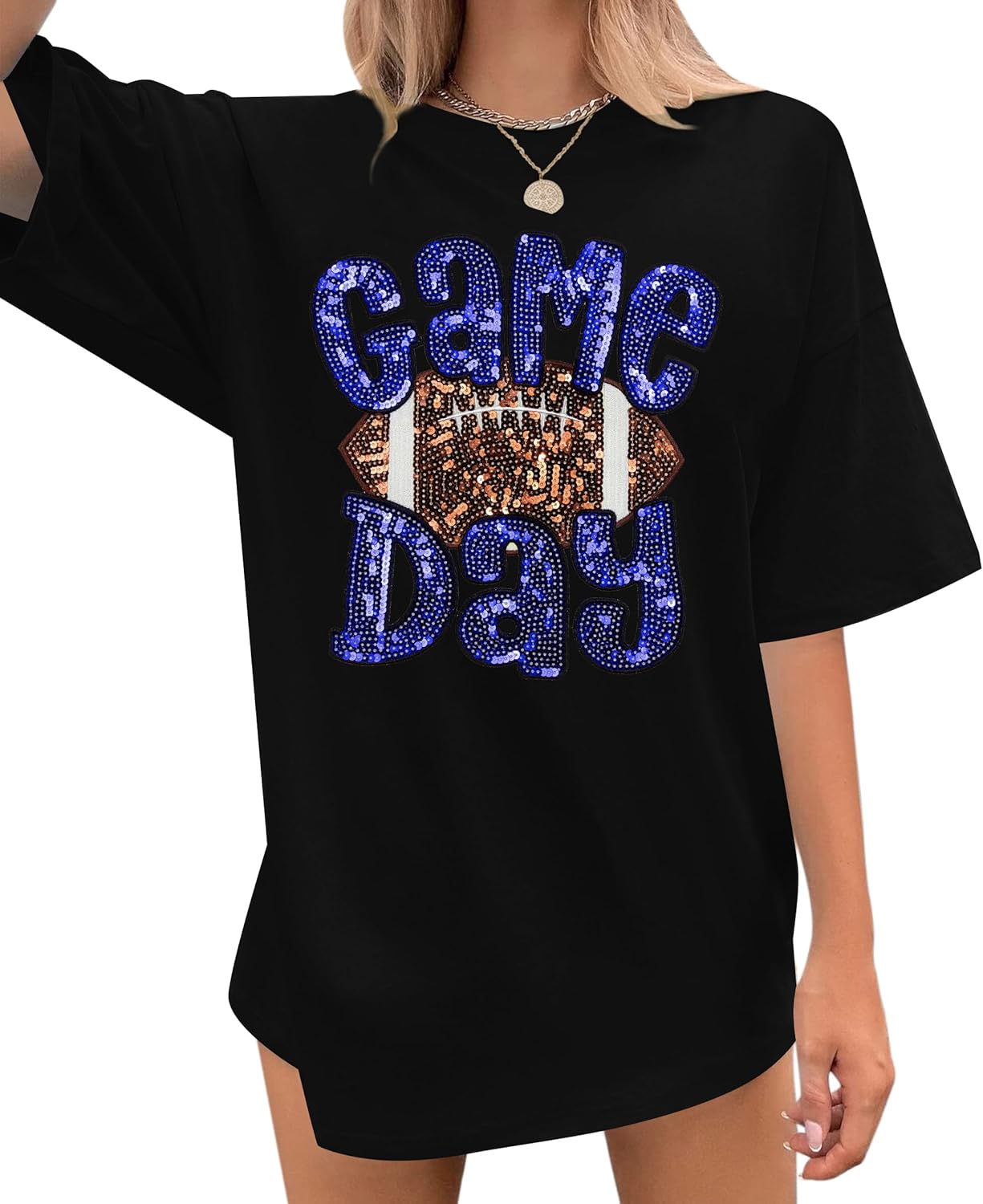 ASTANFY Game Day Shirts Oversized Tshirts: Football Shirts for Women Sequin Shirt Fall Graphic Tees Short Sleeve Tops
