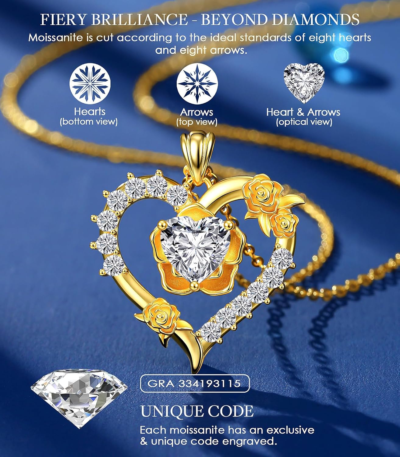 Beam & Bask Rose Flower Love Heart Necklace for Wife, 2-3 Carat Moissanite Women's Pendant, Sterling Silver Plated with 18K Gold, Anniversary Birthday Wedding Jewelry for Girlfriend Soulmate Her - Image 5