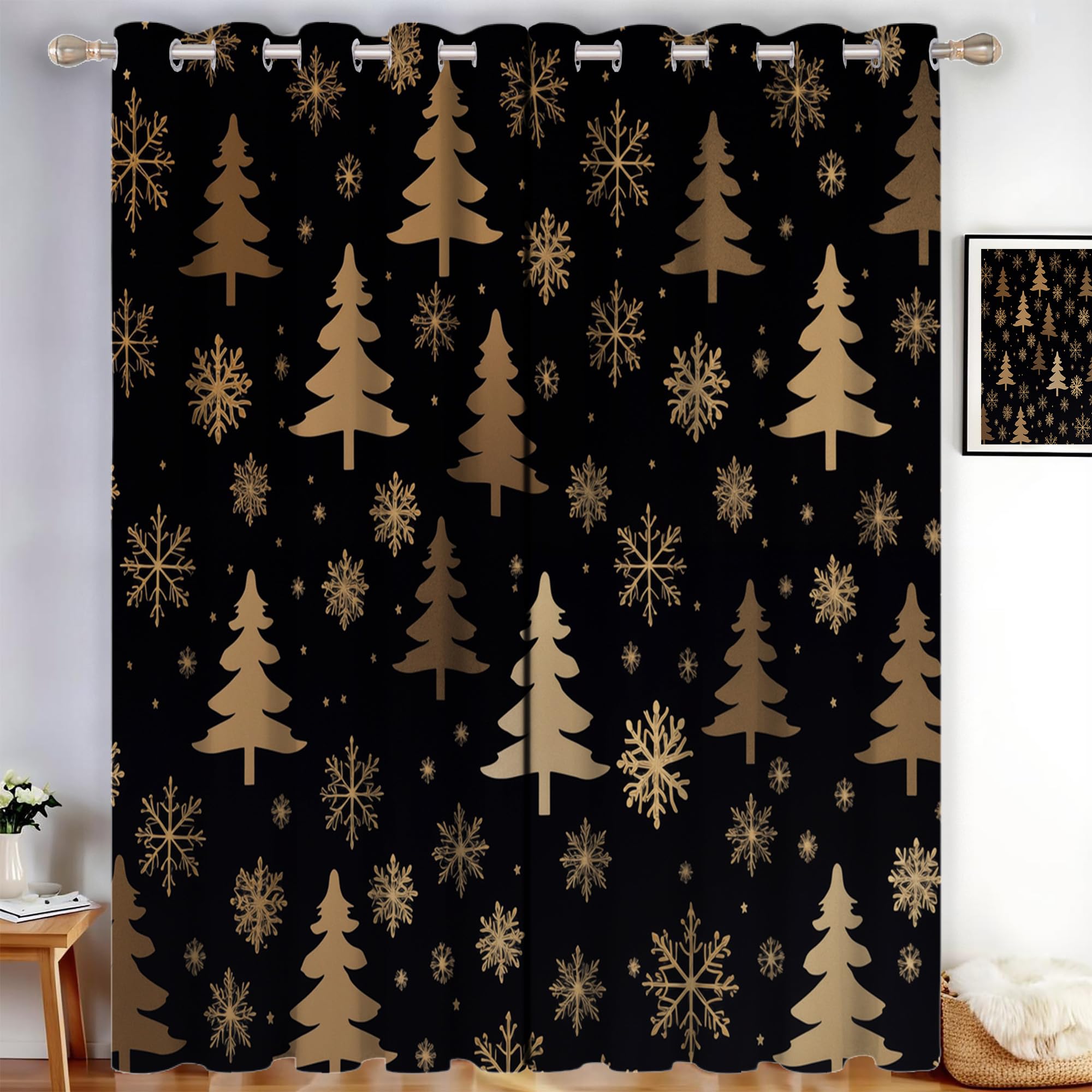 Rideau occultant anti froid et thermique noir à motif sapin