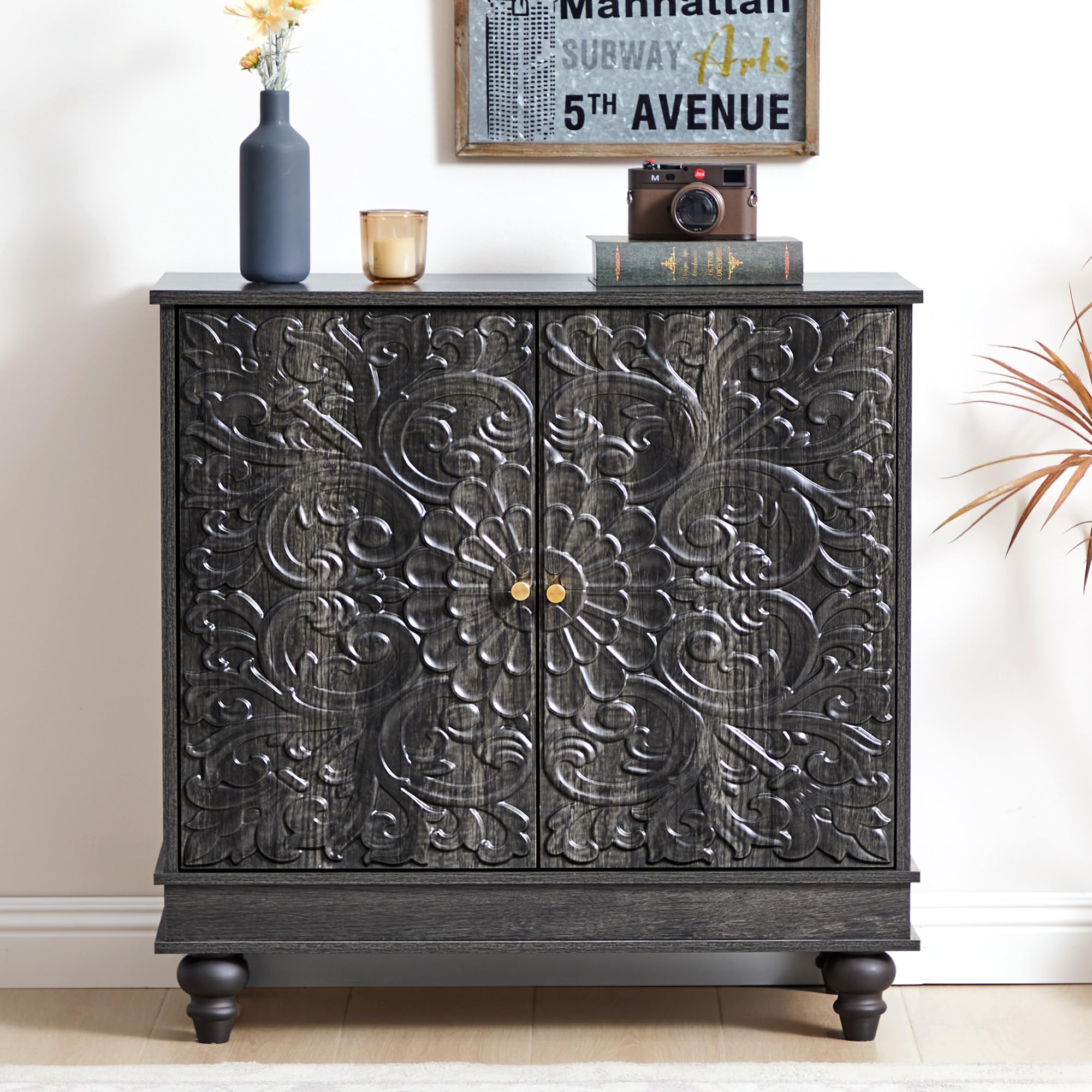 31" Accent Storage Cabinet, Floral Embossed 2 Door Sideboard (Black-Brown)